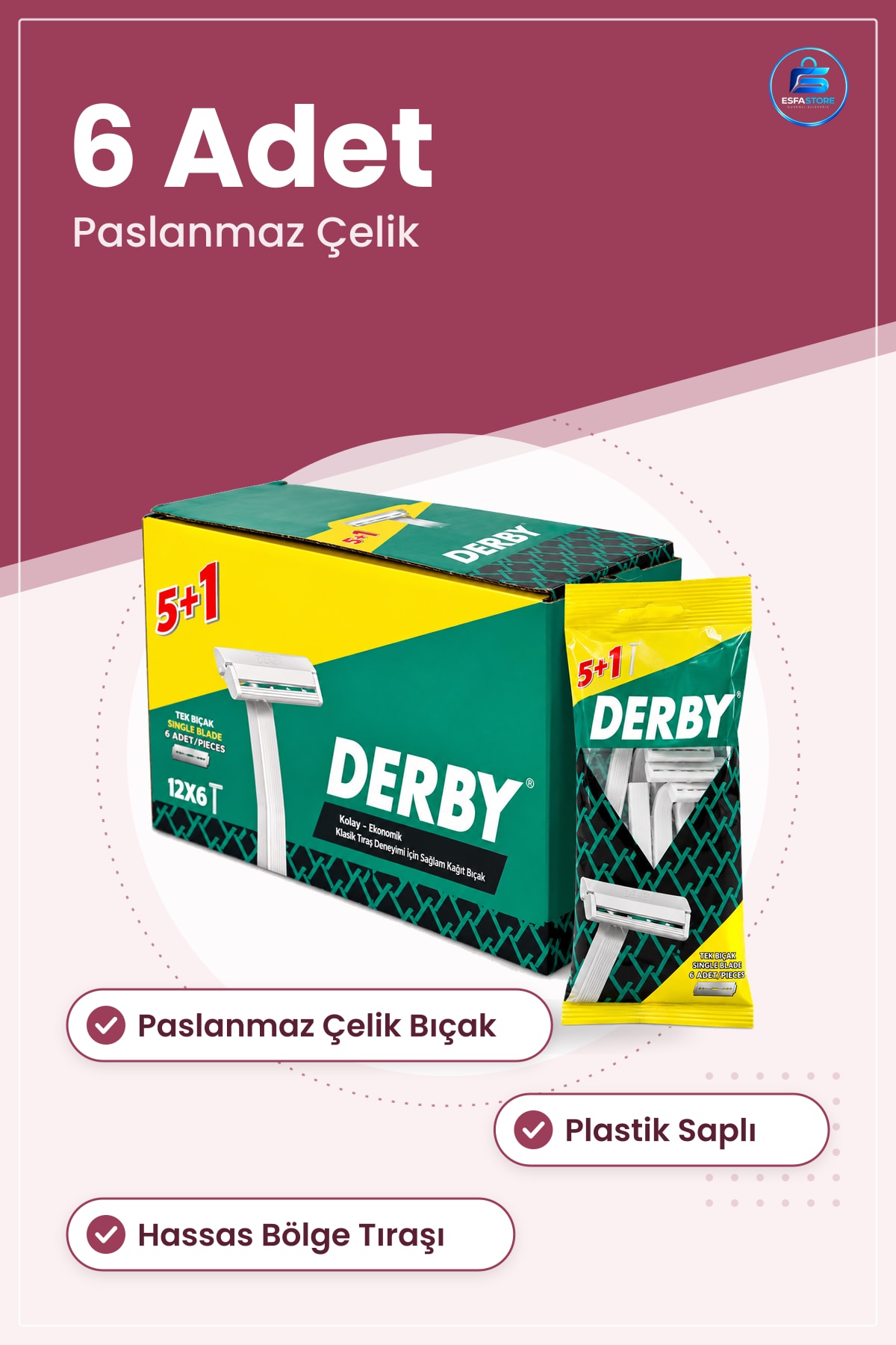 Tek Bıçaklı Tıraş Bıçağı Saplı Paslanmaz Çelik 6 Adet Hassas Bölge Tıraşı Kolay Kullanım Kişisel