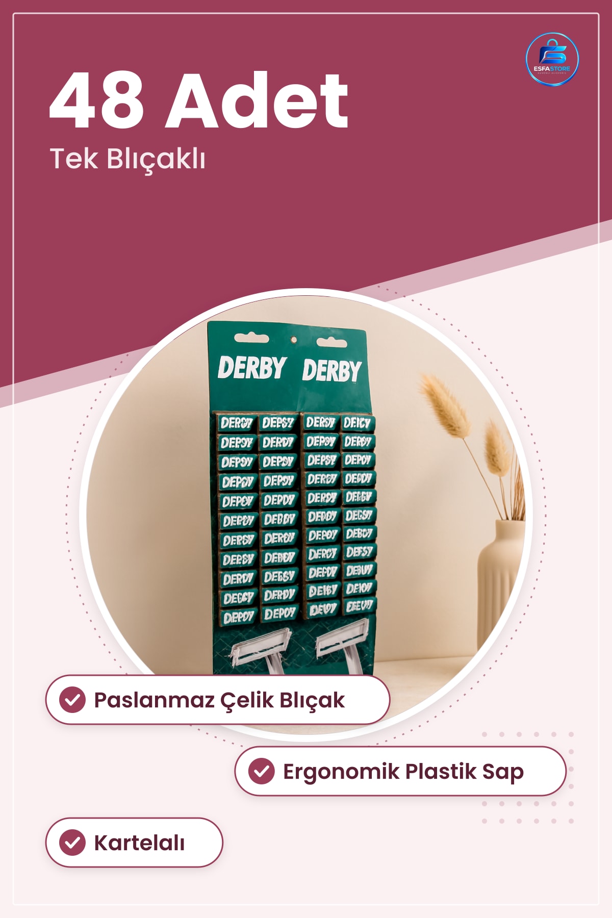 Tek Bıçaklı Saplı Jilet 48 Adet Paslanmaz Çelik Yüz Vücut Tıraşı Kartelalı Ergonomik Kişisel Bakım