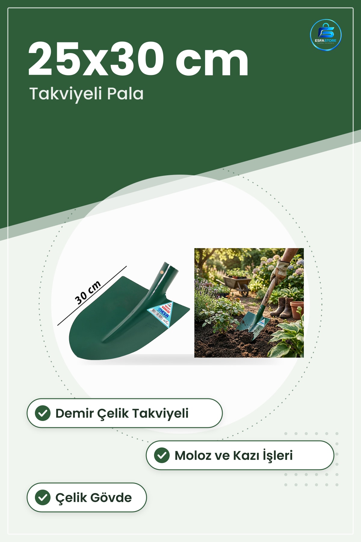 İnşaat Kürek 25x30 cm Demir Çelik Takviyeli Pala Moloz Taşıma Kazı Bahçe Ağır Hizmet
