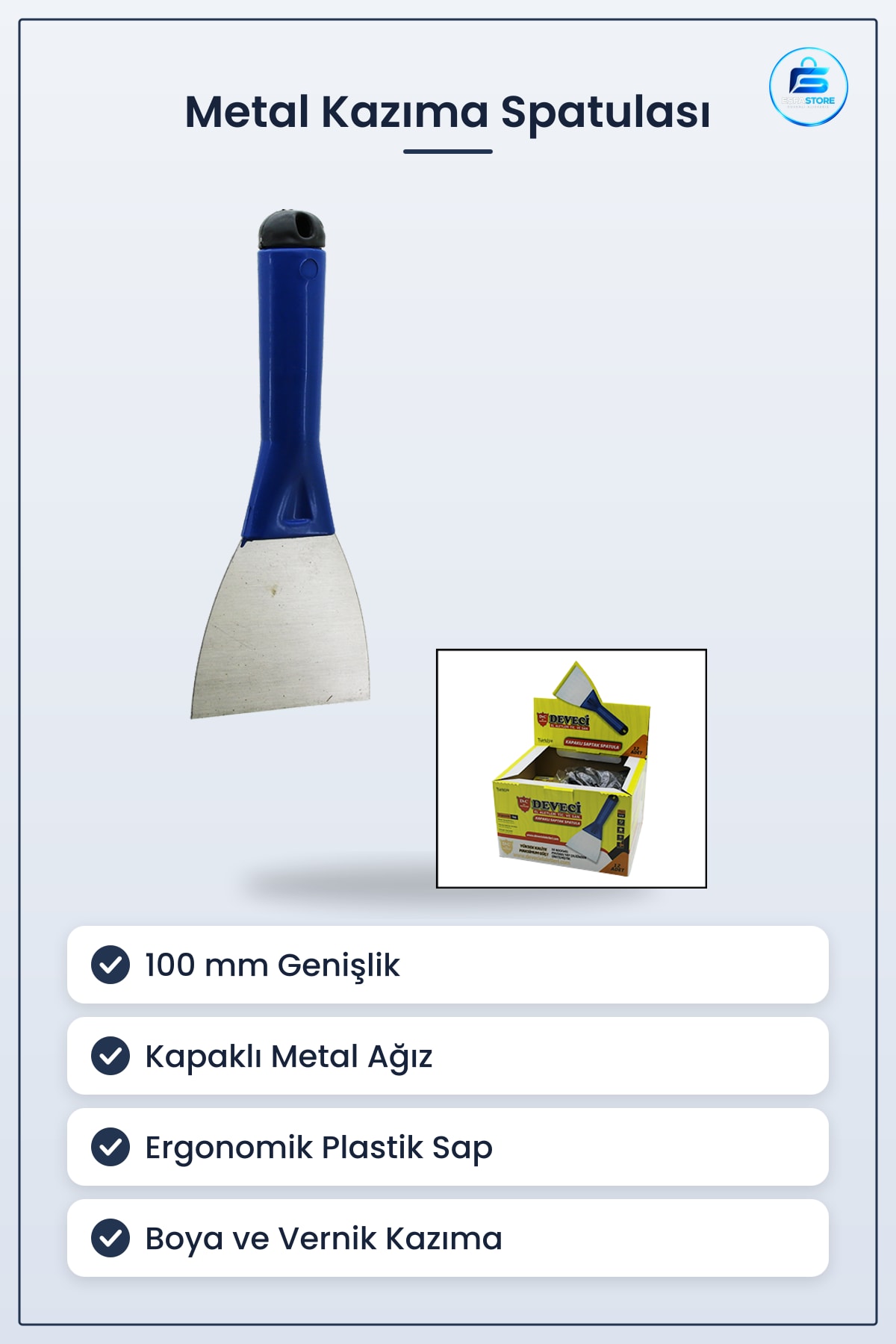Yassı Keski Metal Kazıma Spatulası 100 mm Kapaklı Plastik Saplı No Boya Vernik Etiket Temizlik