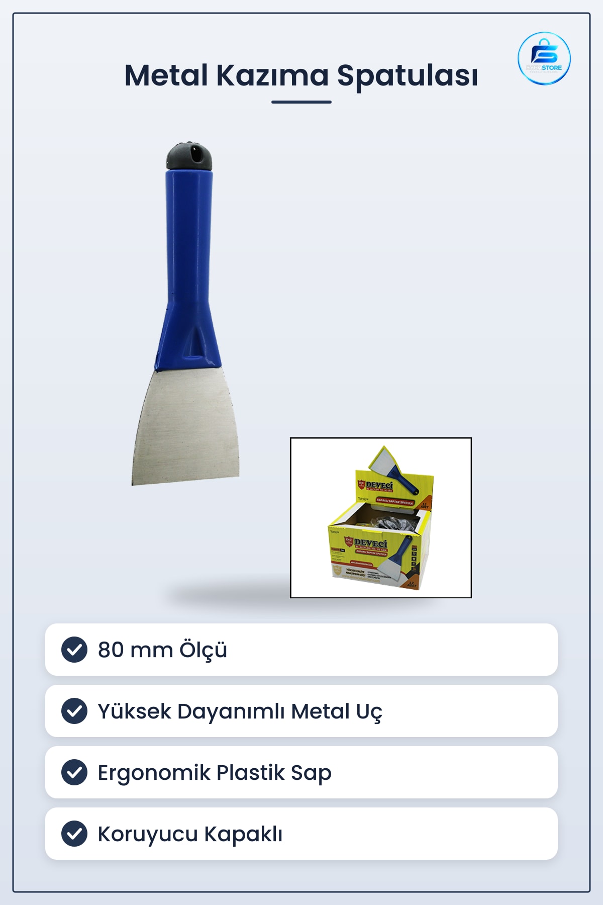 80 mm Metal Kazıma Spatulası Plastik Saplı Kapaklı Boya Vernik Yapışkan Kalıntı Temizleme Aleti
