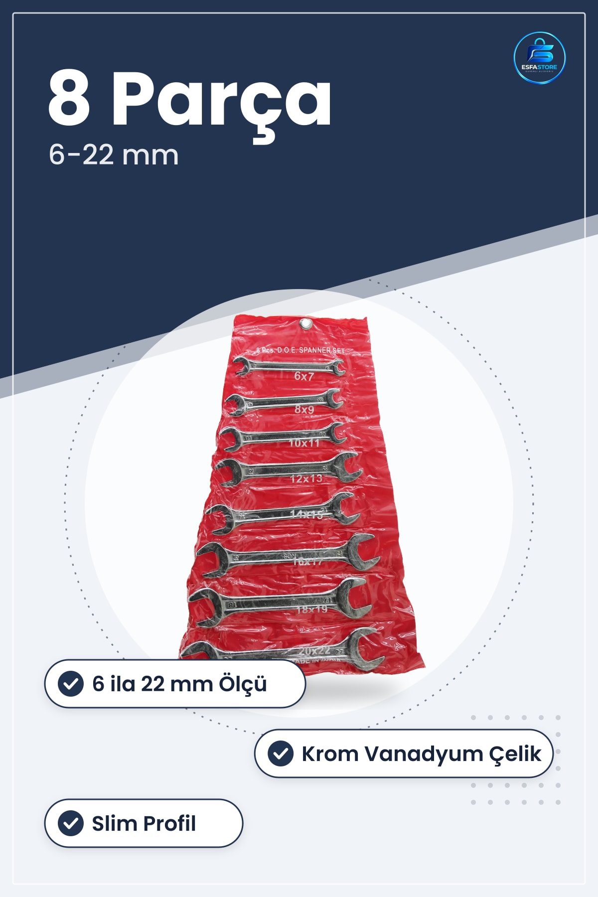 Açık Uçlu Anahtar Takımı 8 Parça 6 ila 22 mm Krom Vanadyum Çelik Ev Otomotiv Atölye Tamir