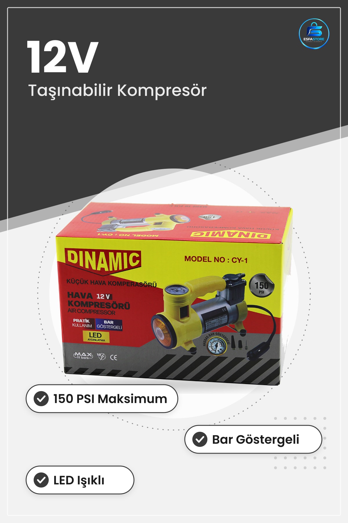 Araç Kompresörü 12V 150 PSI Bar Göstergeli LED Işıklı Taşınabilir Hava Lastik Şişirme