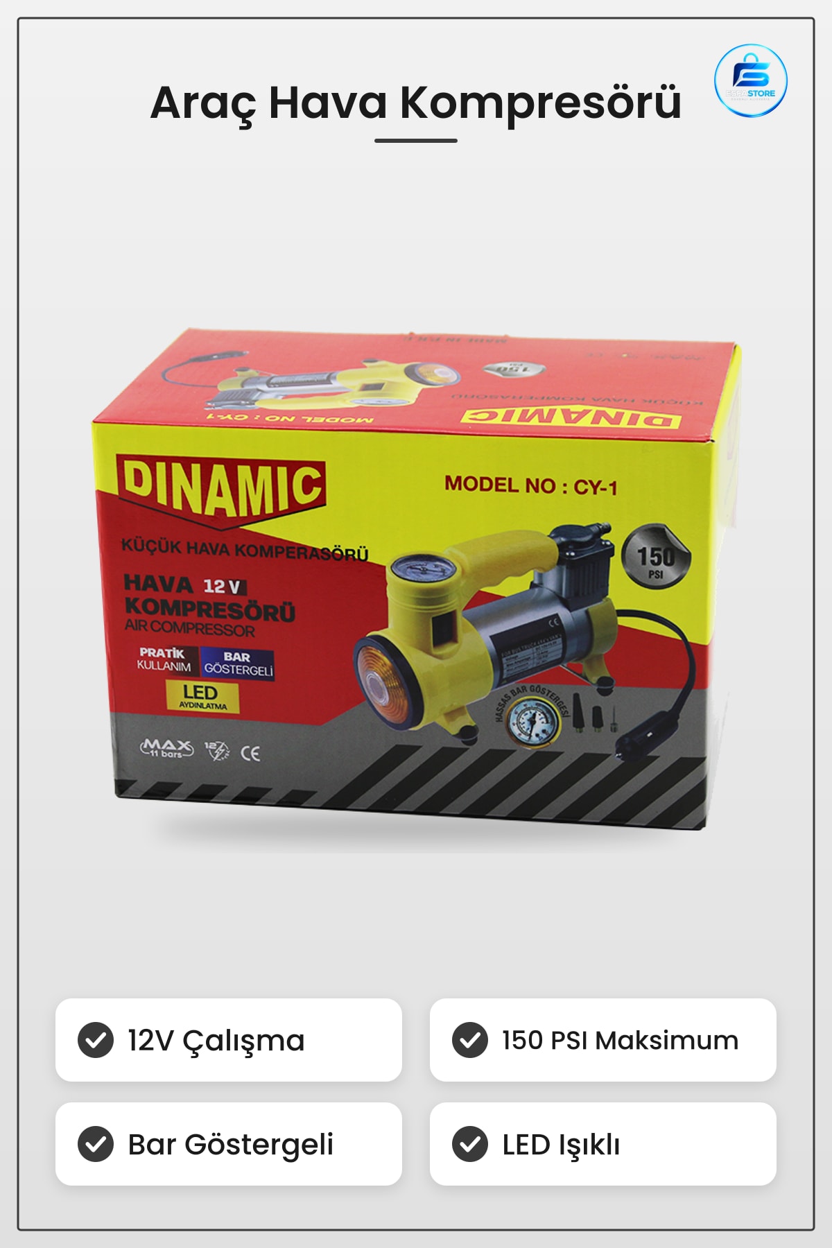 Araç Kompresörü 12V 150 PSI Bar Göstergeli LED Işıklı Taşınabilir Hava Lastik Şişirme