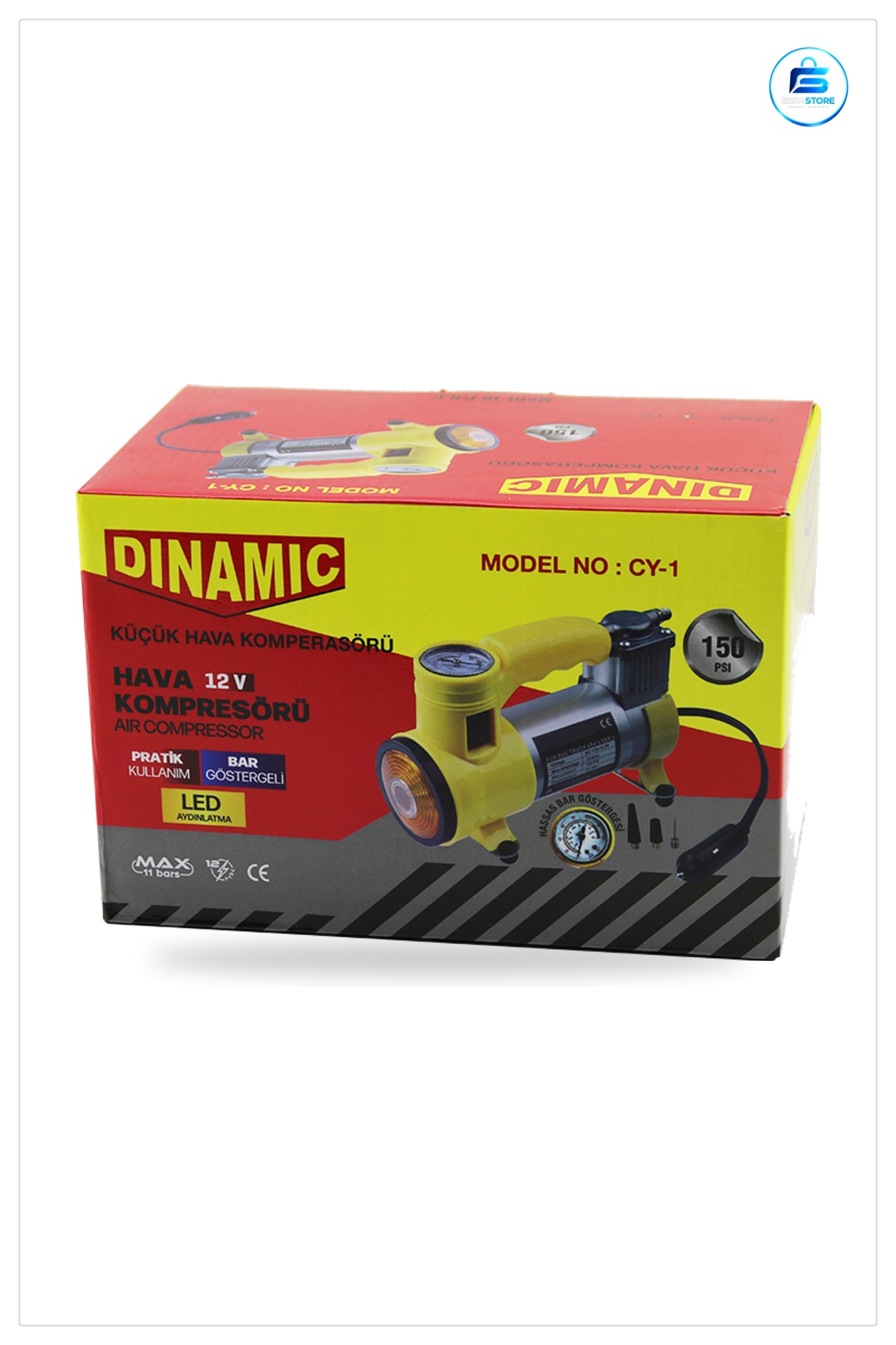 Araç Kompresörü 12V 150 PSI Bar Göstergeli LED Işıklı Taşınabilir Hava Lastik Şişirme