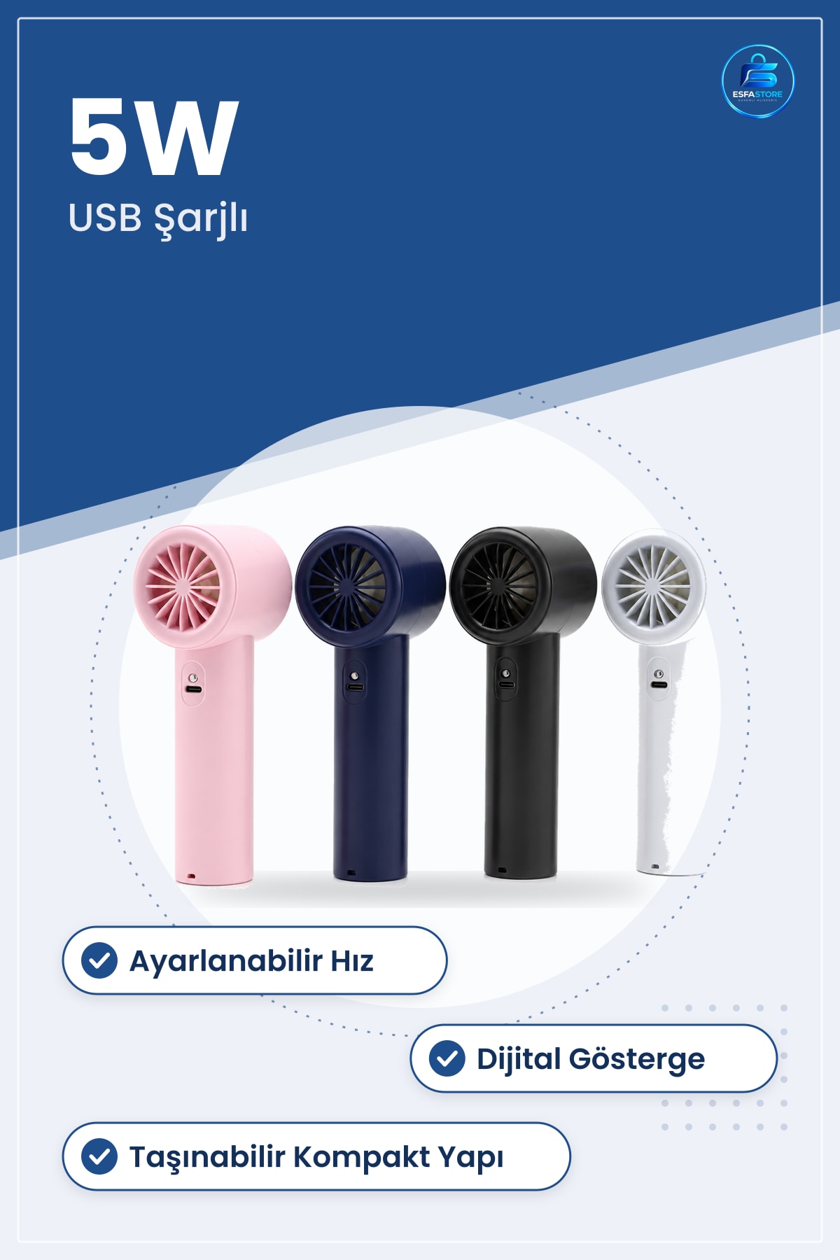 Mini El Vantilatörü Taşınabilir Ayarlanabilir Hız Dijital Göstergeli 5W USB Şarjlı Kompakt Fan