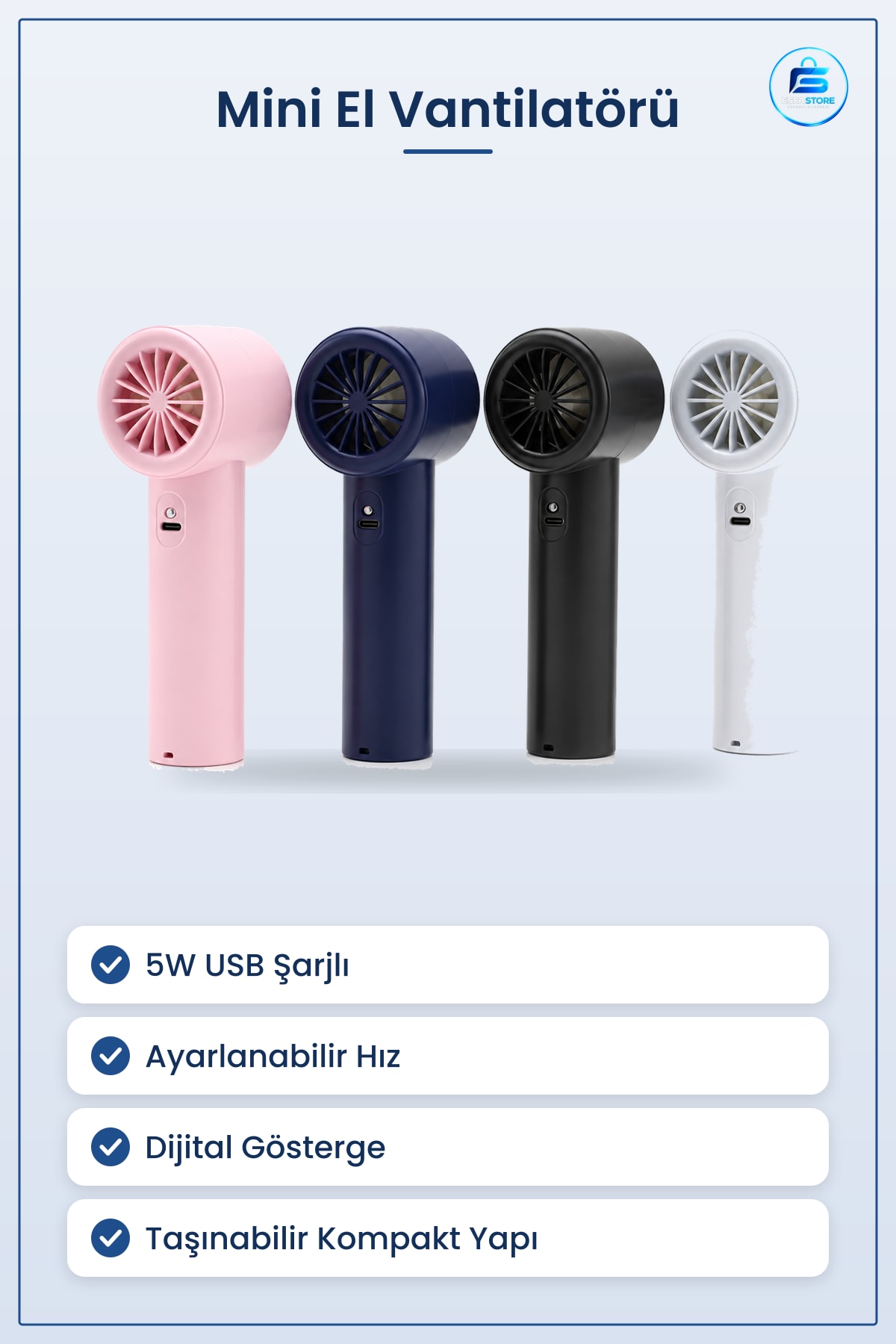 Mini El Vantilatörü Taşınabilir Ayarlanabilir Hız Dijital Göstergeli 5W USB Şarjlı Kompakt Fan