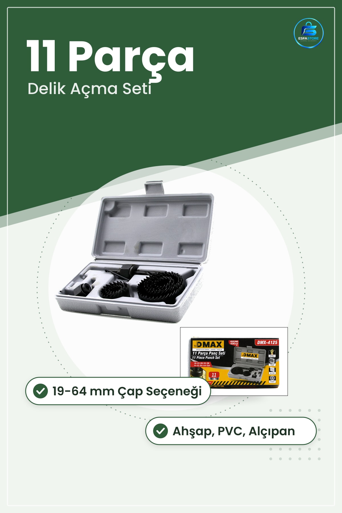 Buat Panç Seti 11 Parça ile 64 mm Matkap Ucu Ahşap PVC Alçıpan Sac Delik Açma Ev Atölye