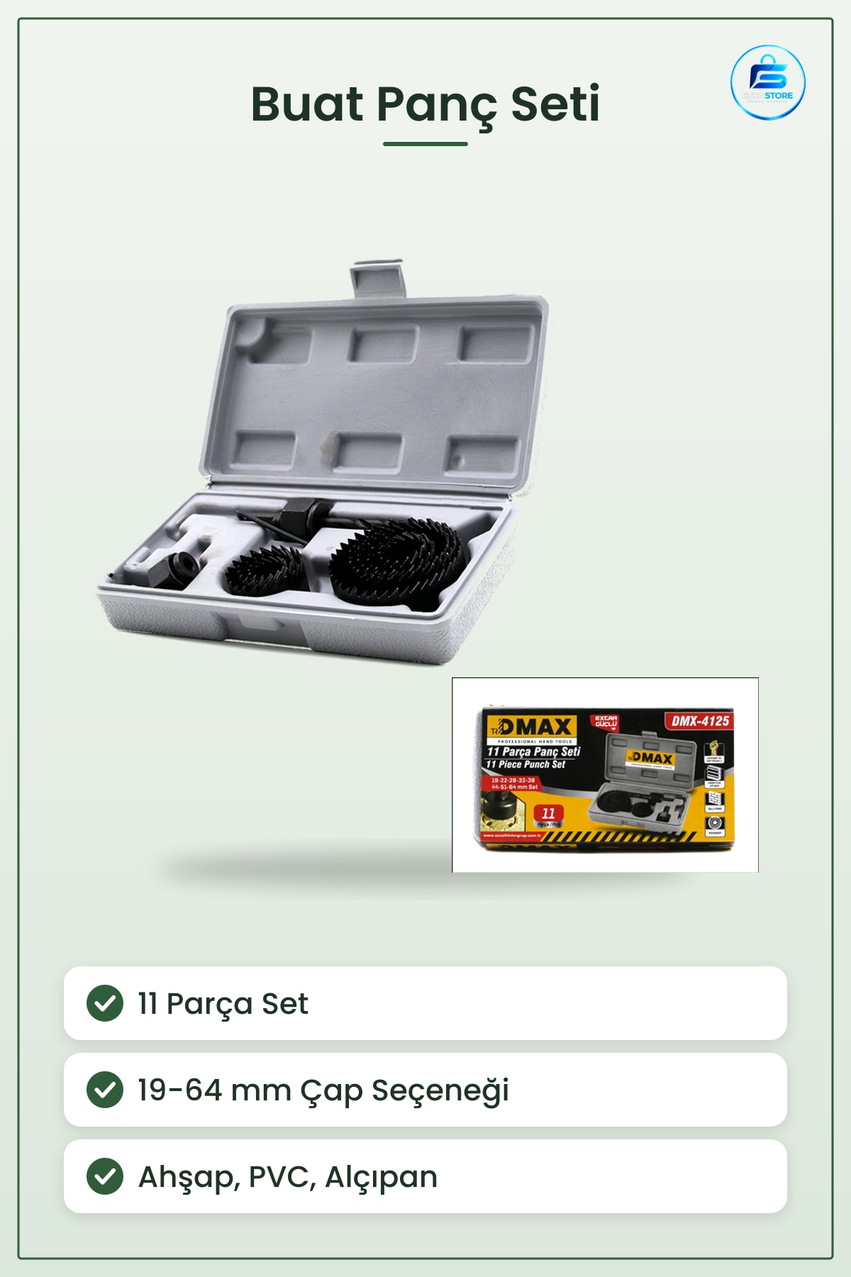Buat Panç Seti 11 Parça ile 64 mm Matkap Ucu Ahşap PVC Alçıpan Sac Delik Açma Ev Atölye