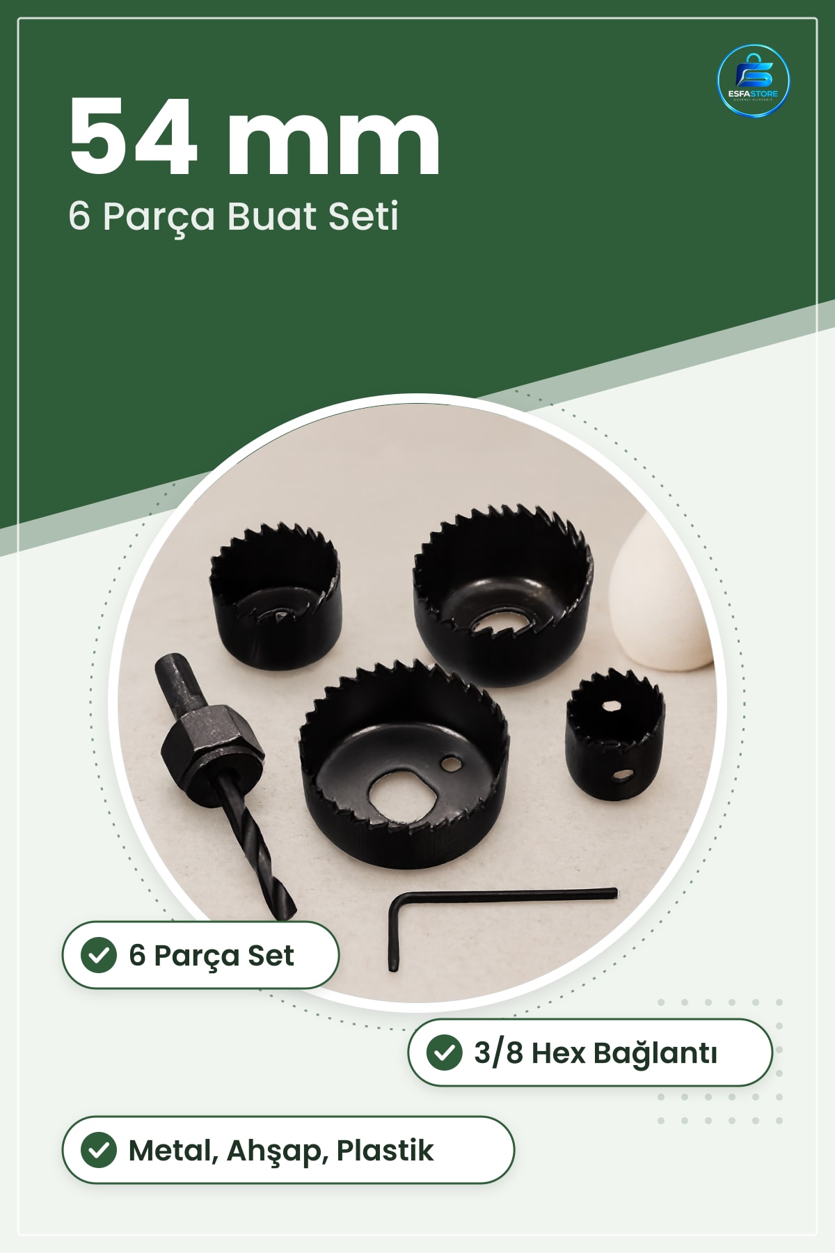 Buat Delik Açma Seti 54 mm Hex Matkap Aksesuarları Metal Ahşap Plastik 6 Parça Kullanışlı