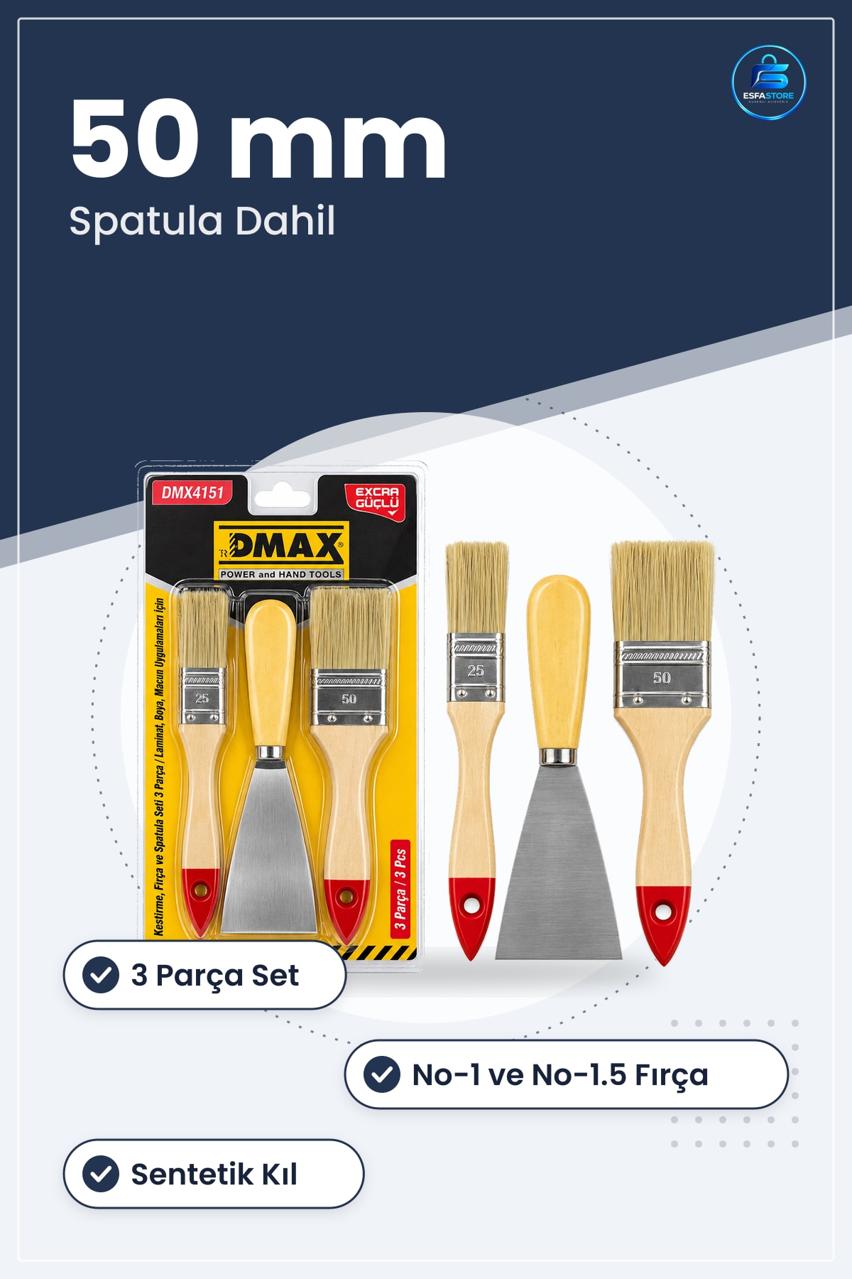 Kestirme Fırça Seti 3 Parça 50 mm Spatula Boyacı Macun Laminat Uygulama Boya Aracı
