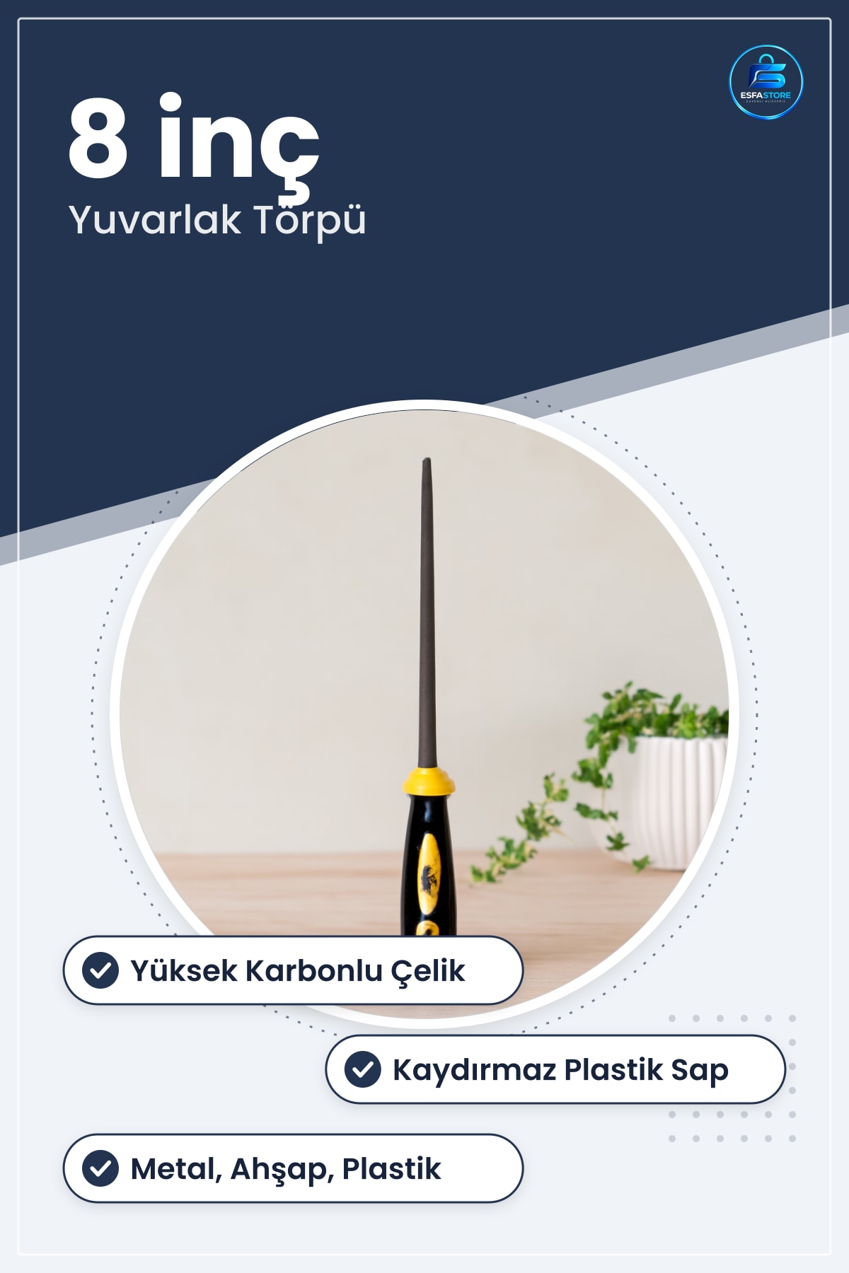 Yuvarlak Metal Törpü 8 inç Plastik Saplı Yüksek Karbonlu Çelik Çapak Alma Delik Genişletme Ahşap