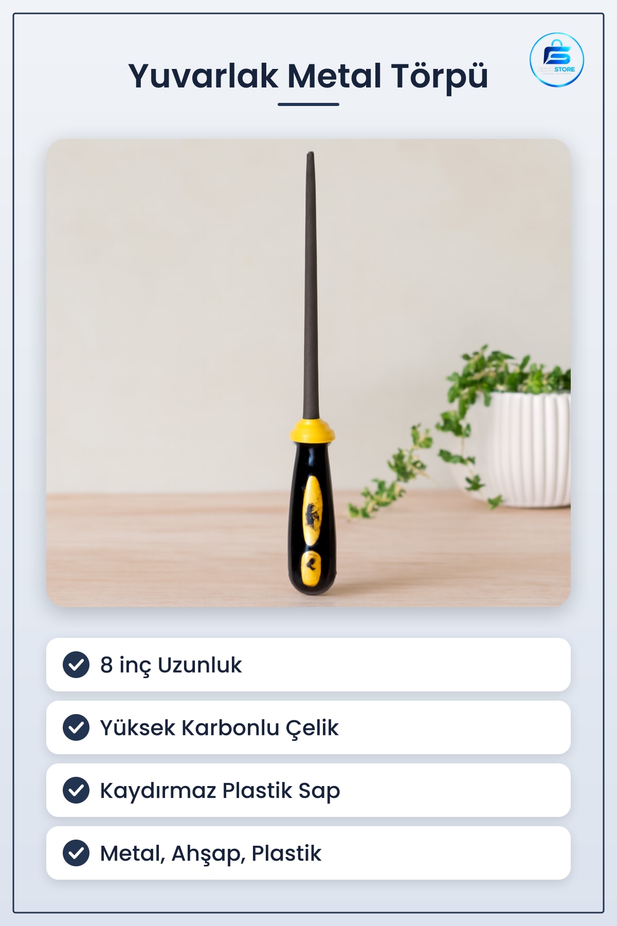 Yuvarlak Metal Törpü 8 inç Plastik Saplı Yüksek Karbonlu Çelik Çapak Alma Delik Genişletme Ahşap