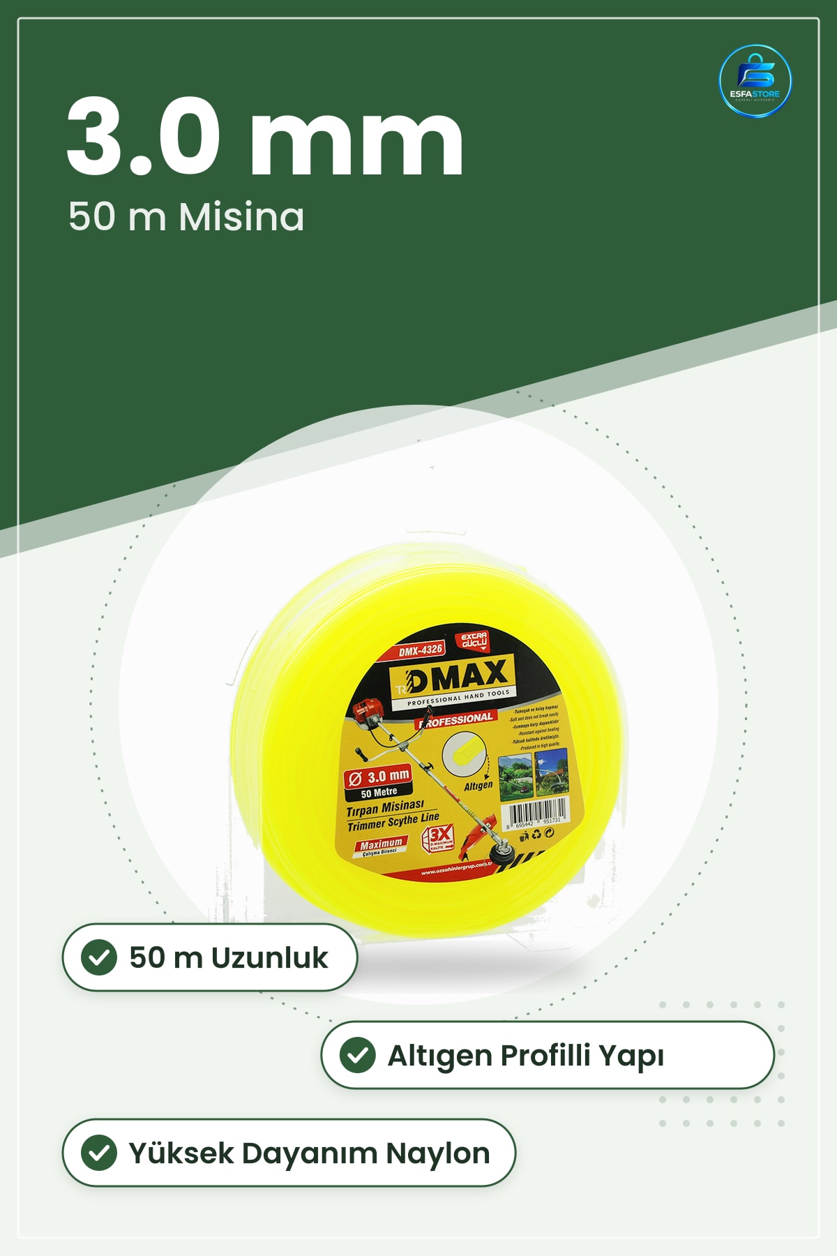 Çim Kesme Misinası 3.0 mm x 50 m Çim Biçme Naylon Altıgen Kesim Bahçe Bakım Makara Yüksek Dayanım