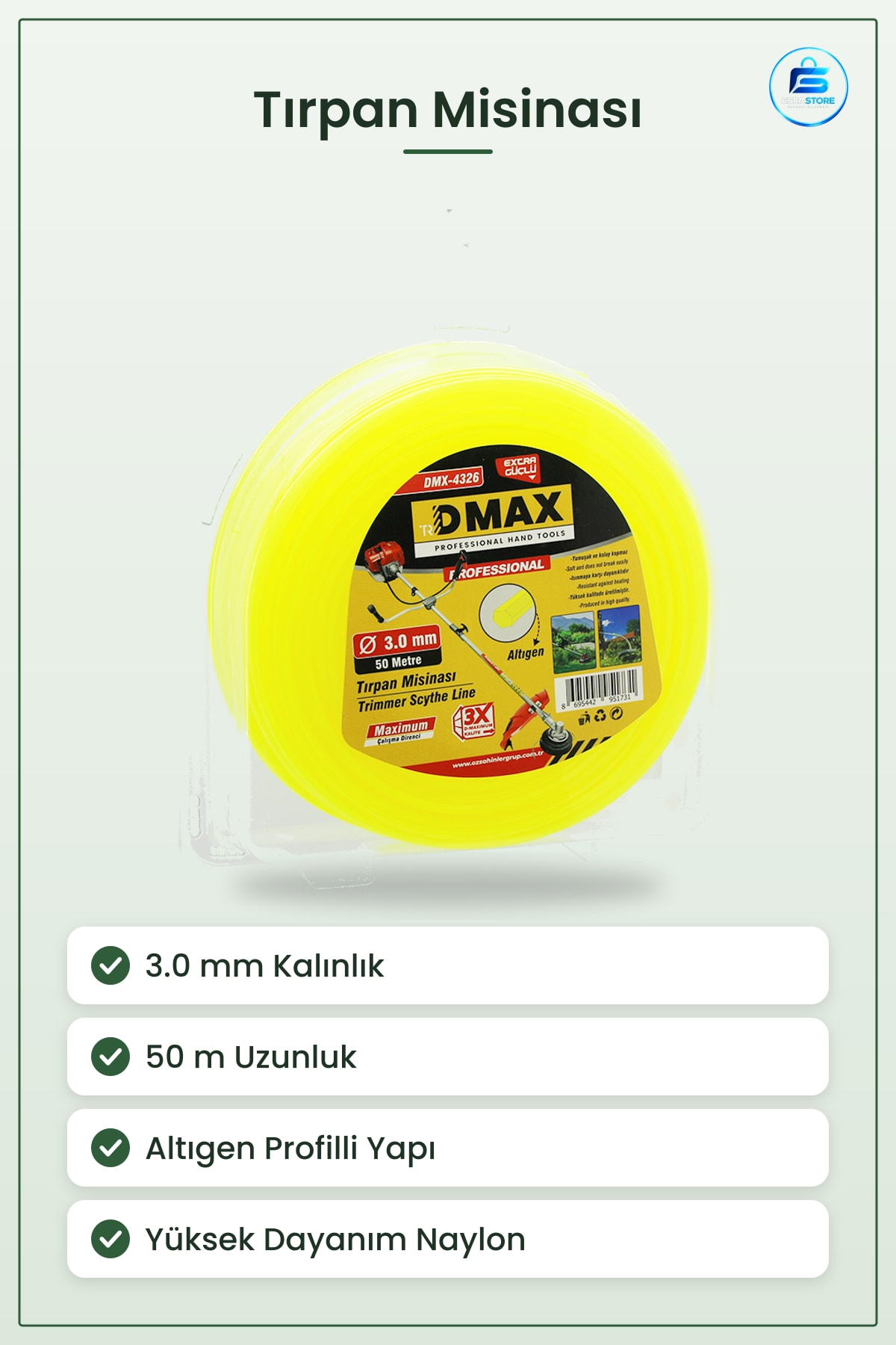 Çim Kesme Misinası 3.0 mm x 50 m Çim Biçme Naylon Altıgen Kesim Bahçe Bakım Makara Yüksek Dayanım