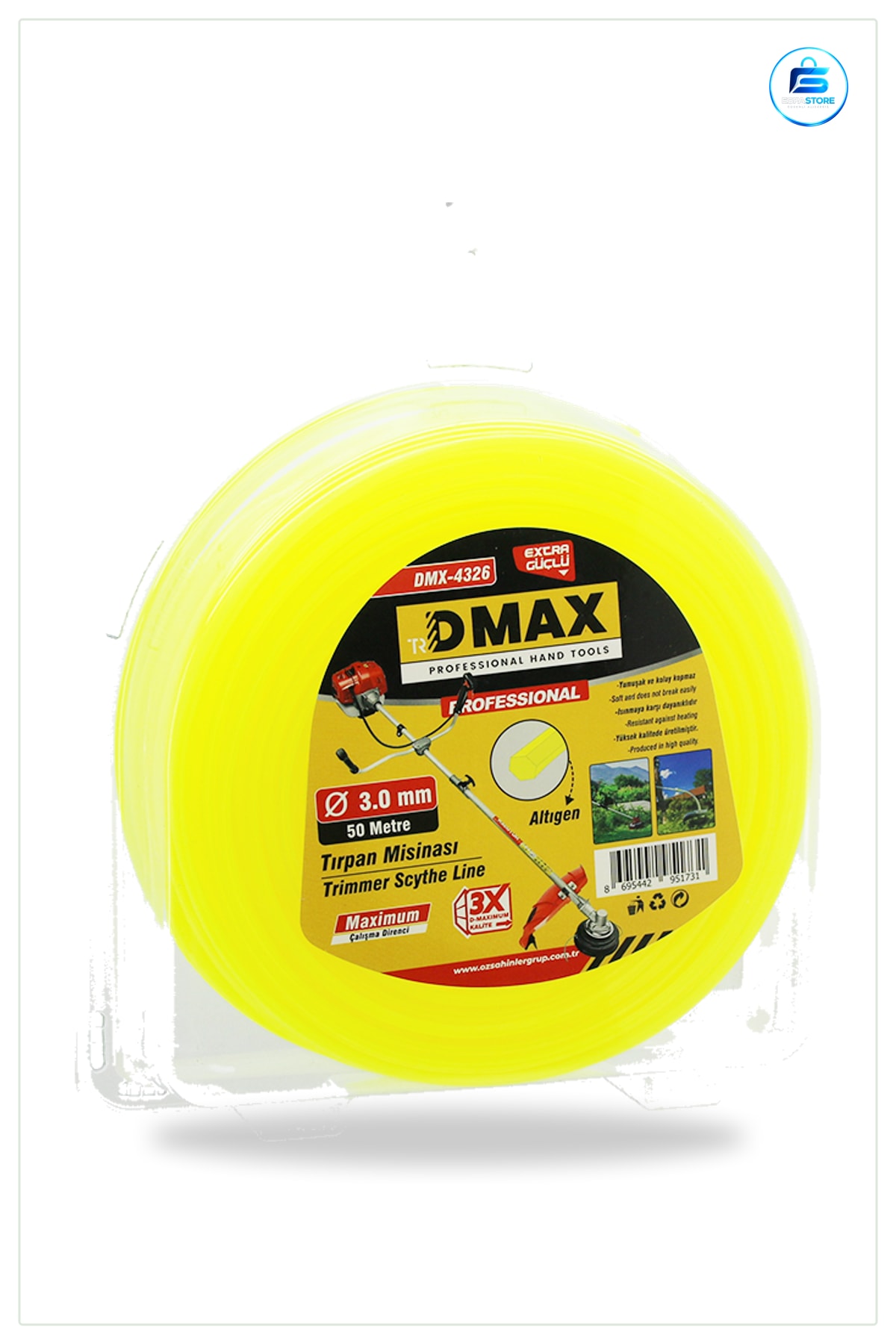 Çim Kesme Misinası 3.0 mm x 50 m Çim Biçme Naylon Altıgen Kesim Bahçe Bakım Makara Yüksek Dayanım