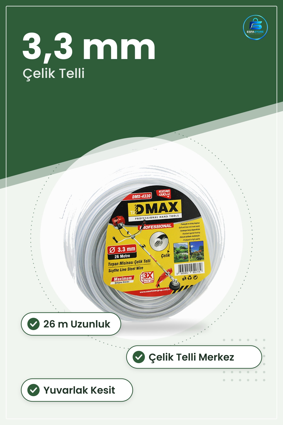 Misina Trıpan Çelik Telli Yuvarlak 3,3 mm 26 m Çim Biçme Yabani Ot Temizliği Bahçe