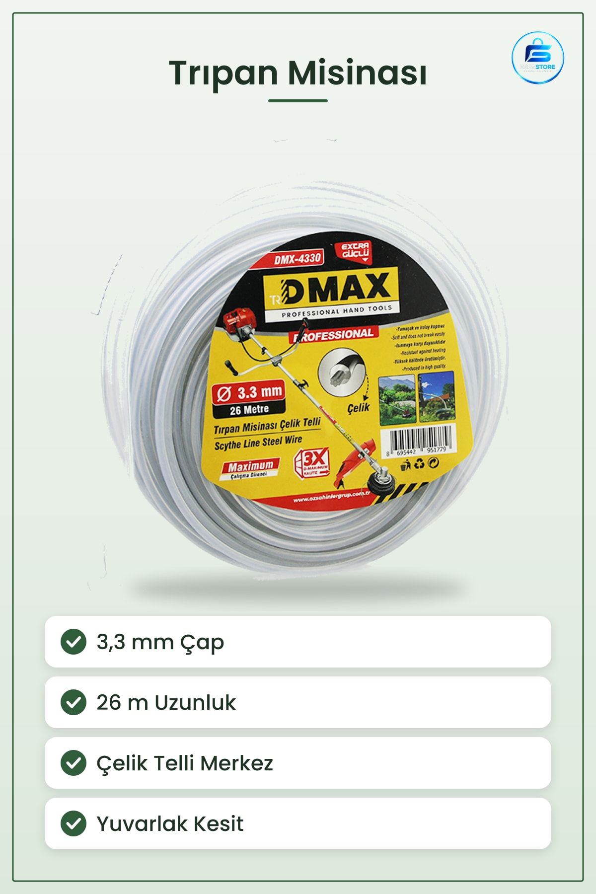 Misina Trıpan Çelik Telli Yuvarlak 3,3 mm 26 m Çim Biçme Yabani Ot Temizliği Bahçe