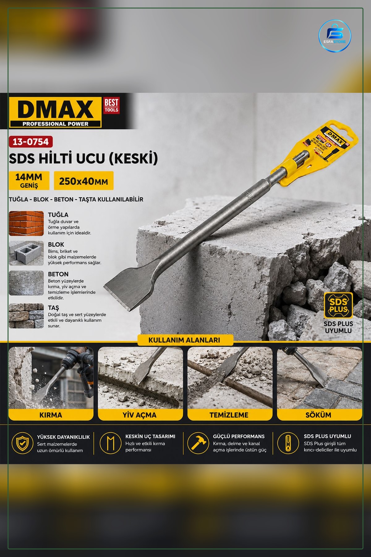 SDS Keski 14 mm Geniş 250x40 Yüksek Alaşımlı Beton Taş Kırma Kazıma Matkap Ucu Kullanışlı