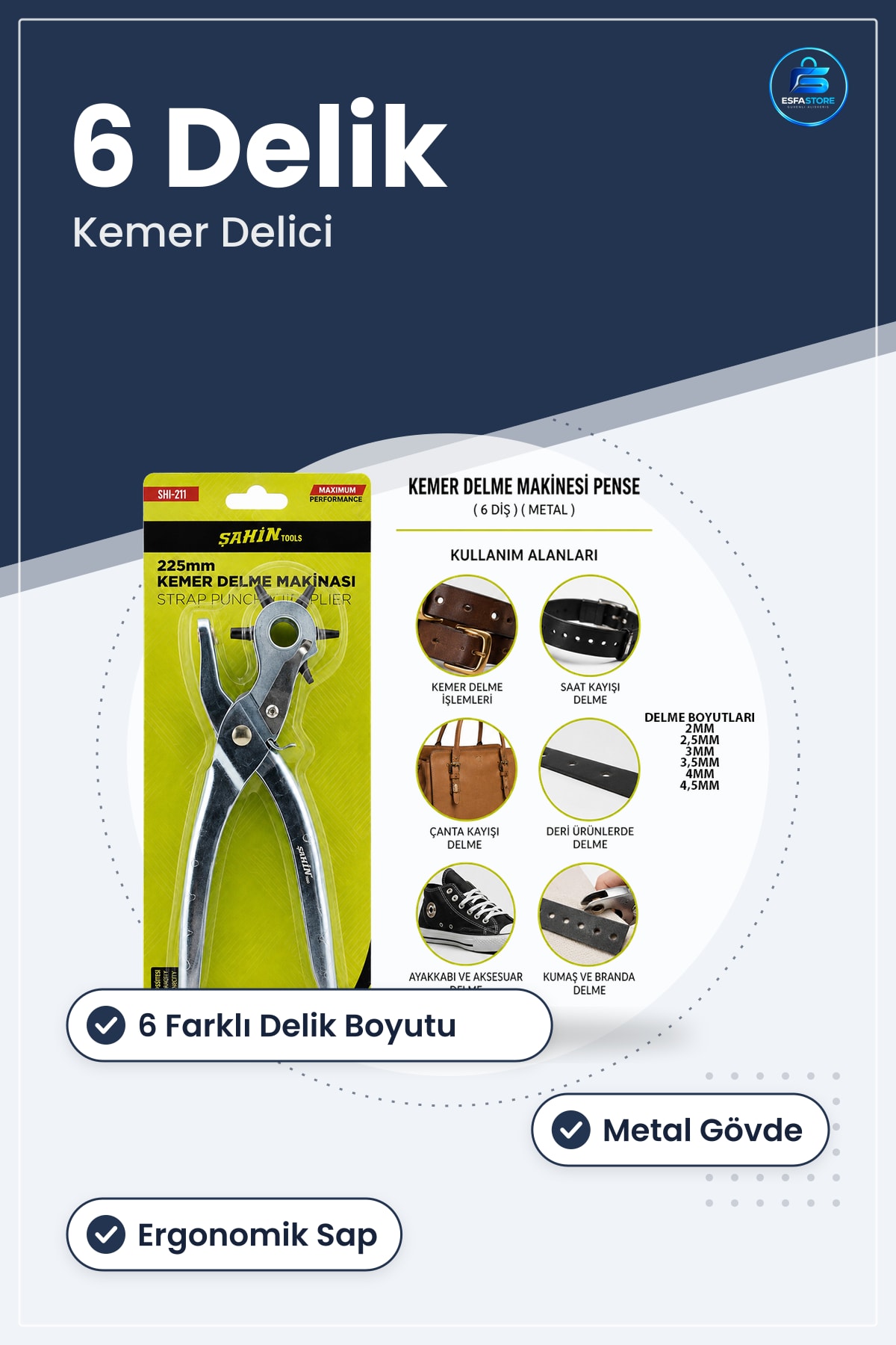 Kemer Delme Pensesi Metal 6 Diş Deri Kayış Kumaş Delici Çanta Ayakkabı Atölye Hardırdavat
