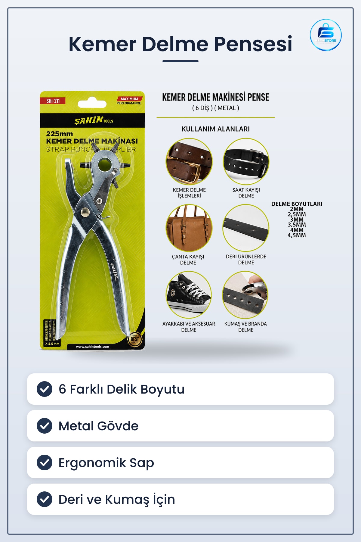 Kemer Delme Pensesi Metal 6 Diş Deri Kayış Kumaş Delici Çanta Ayakkabı Atölye Hardırdavat