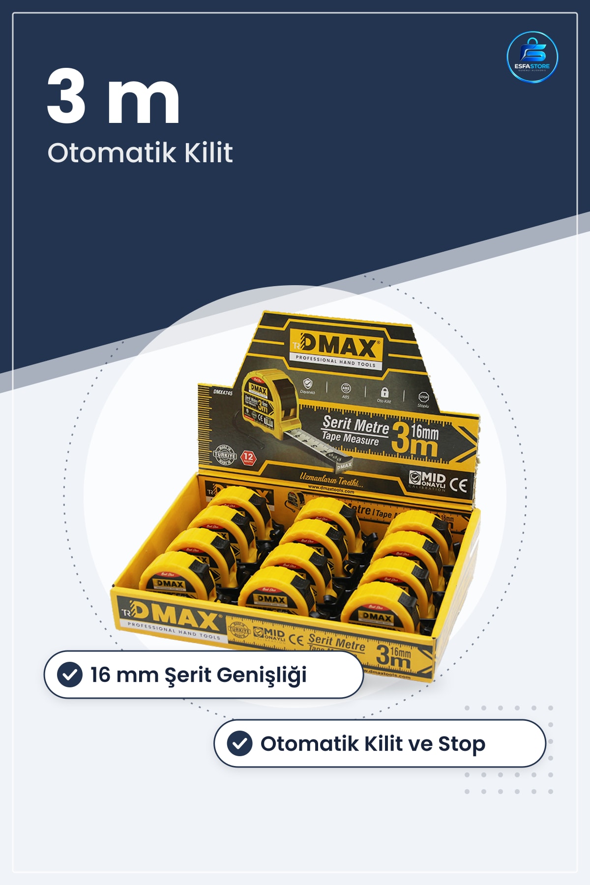 Çelik Şerit Metre 3 m 16 mm Otomatik Kilitli Stoplu Hırdavat Ev Tamiri İnşaat Marangozluk