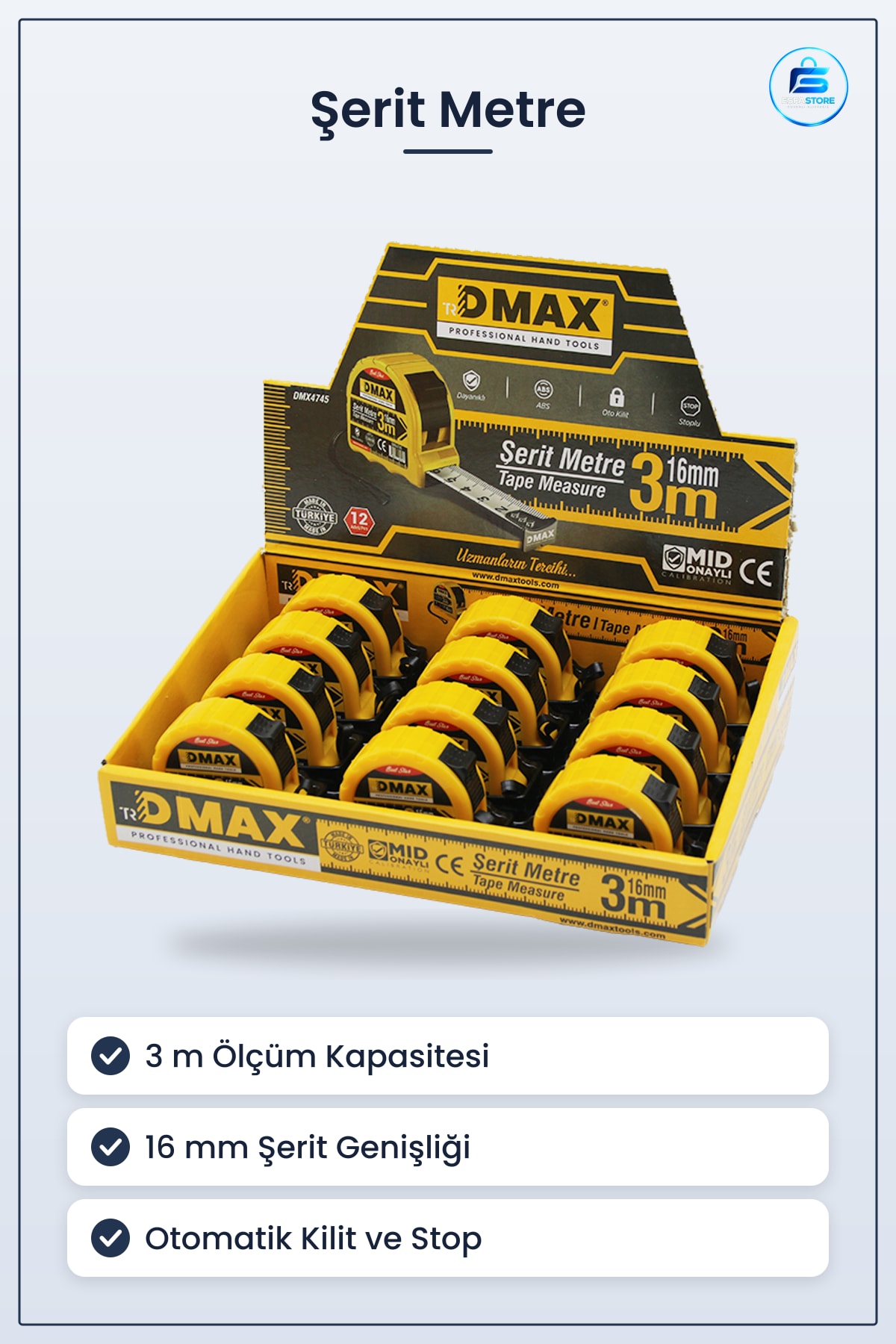 Çelik Şerit Metre 3 m 16 mm Otomatik Kilitli Stoplu Hırdavat Ev Tamiri İnşaat Marangozluk