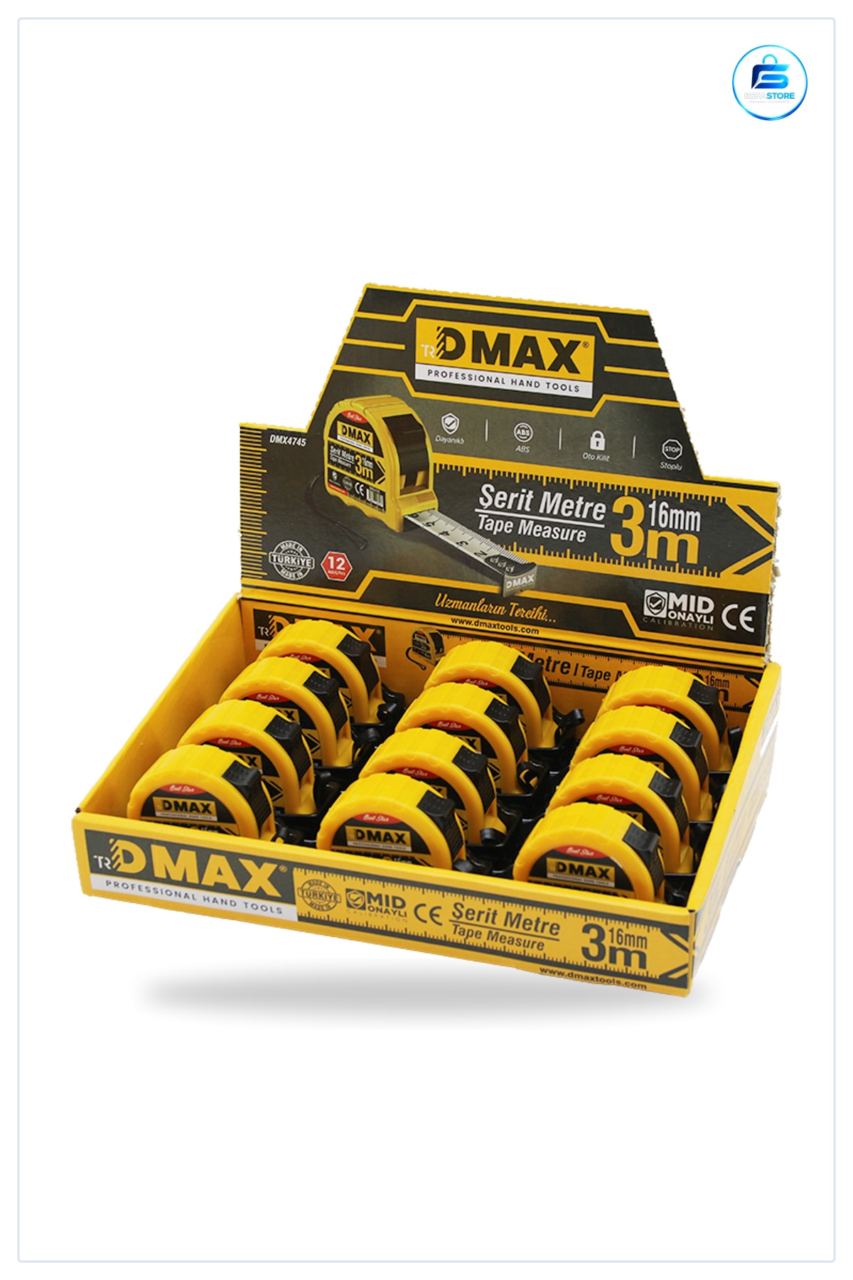 Çelik Şerit Metre 3 m 16 mm Otomatik Kilitli Stoplu Hırdavat Ev Tamiri İnşaat Marangozluk