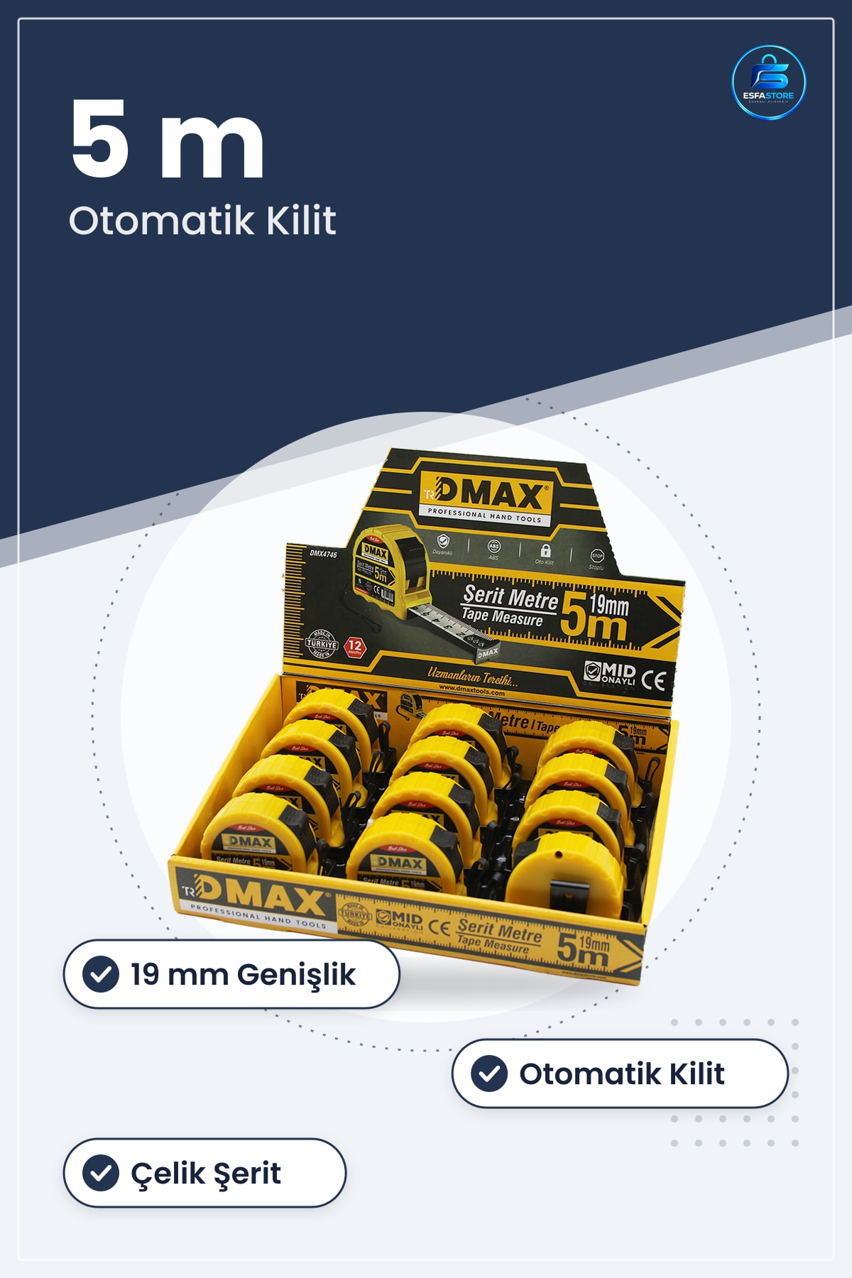 Şerit Metre 5 m x 19 mm Çelik Otomatik Kilitli Stoplu Ölçüm Aleti Kompakt Manuel Sarı Dış Kasa