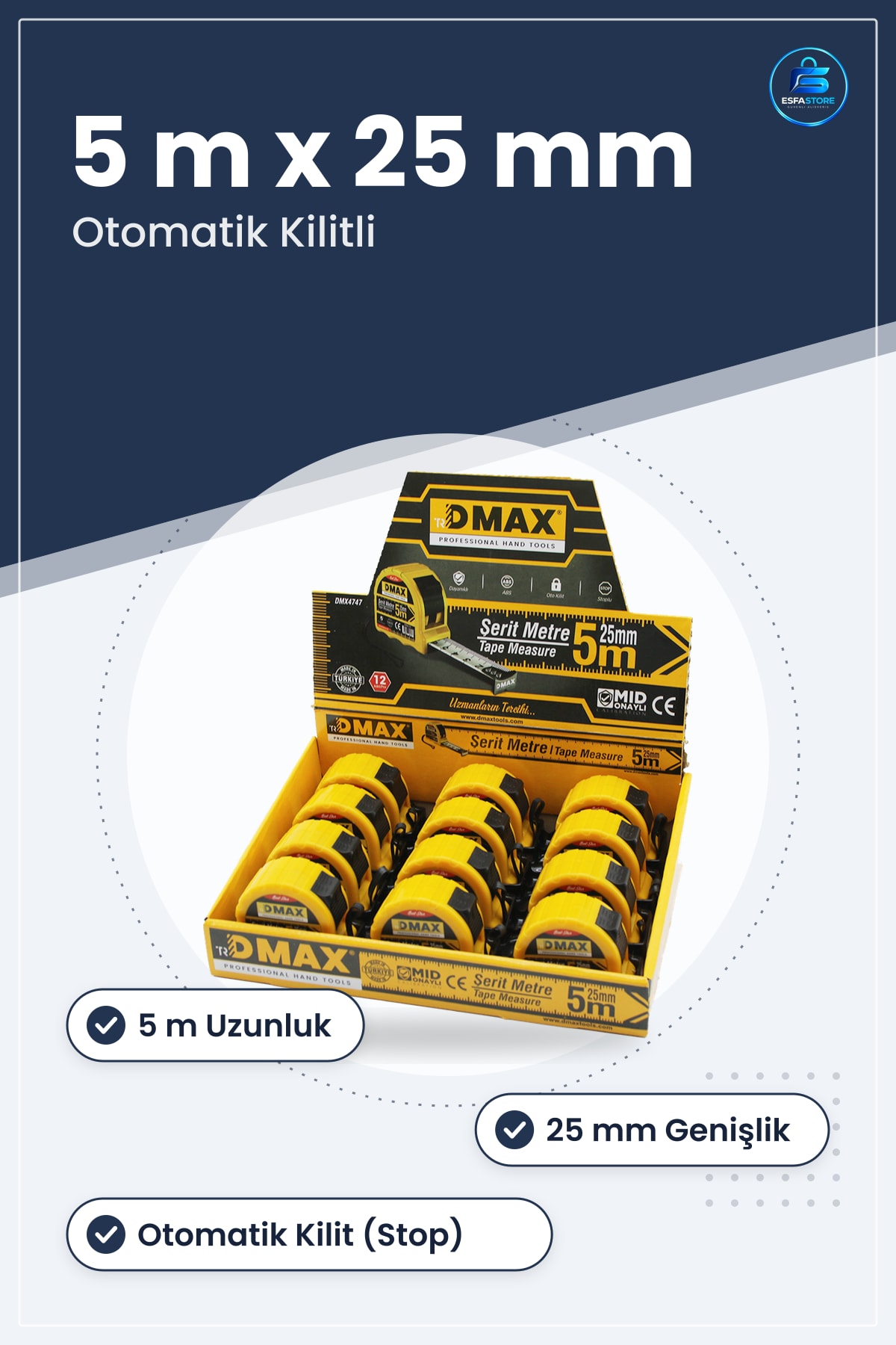 Çelik Şerit Metre 5 m x 25 mm Otomatik Kilitli Stoplu Hırdavat İnşaat Marangozluk Tesisat