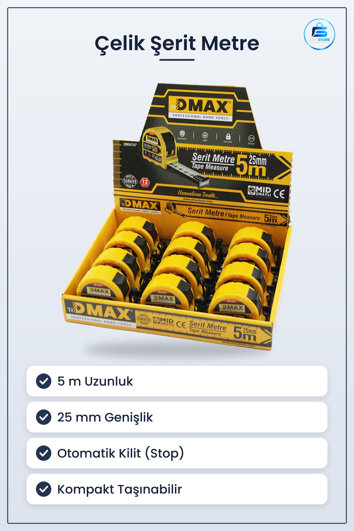 Çelik Şerit Metre 5 m x 25 mm Otomatik Kilitli Stoplu Hırdavat İnşaat Marangozluk Tesisat