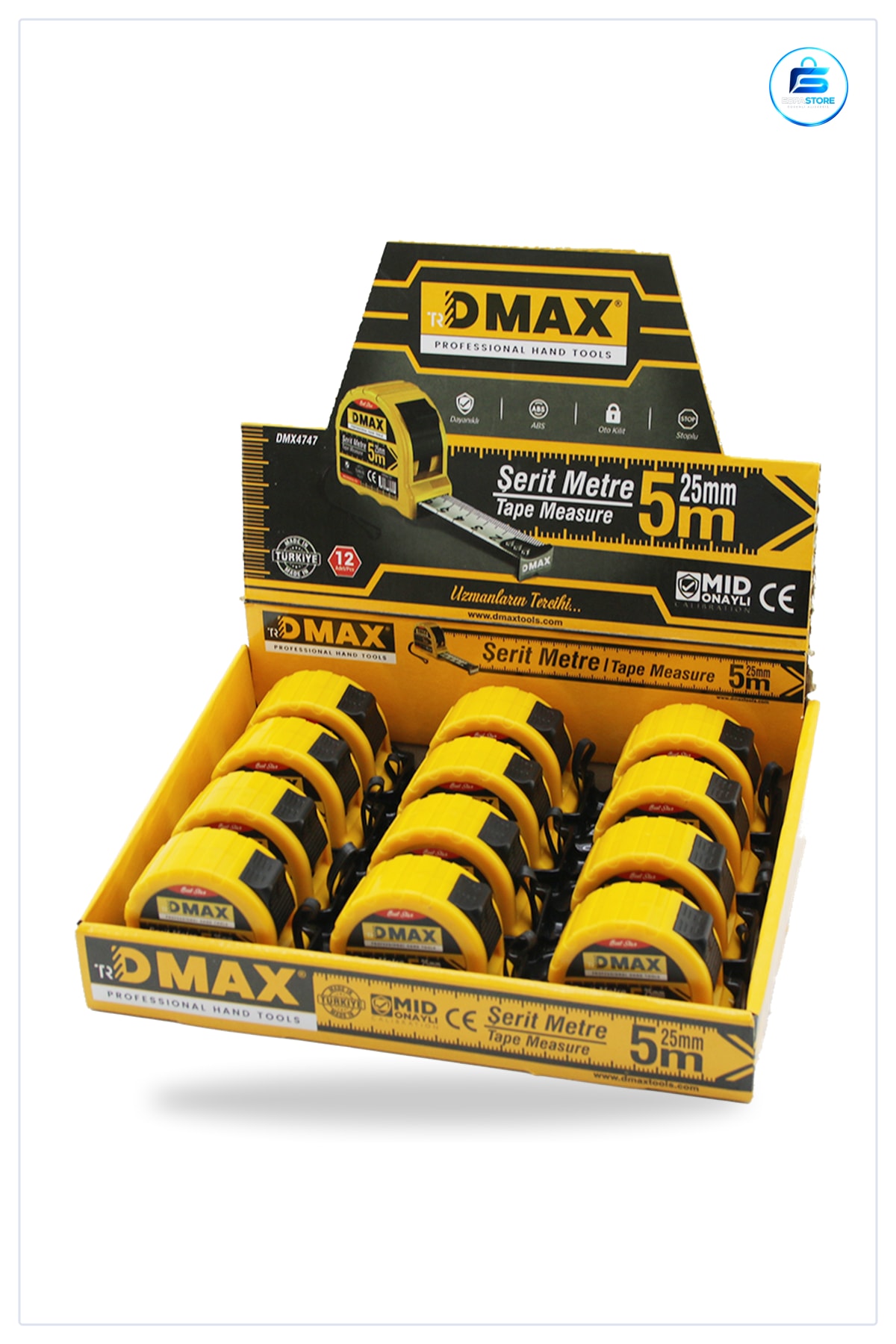 Çelik Şerit Metre 5 m x 25 mm Otomatik Kilitli Stoplu Hırdavat İnşaat Marangozluk Tesisat