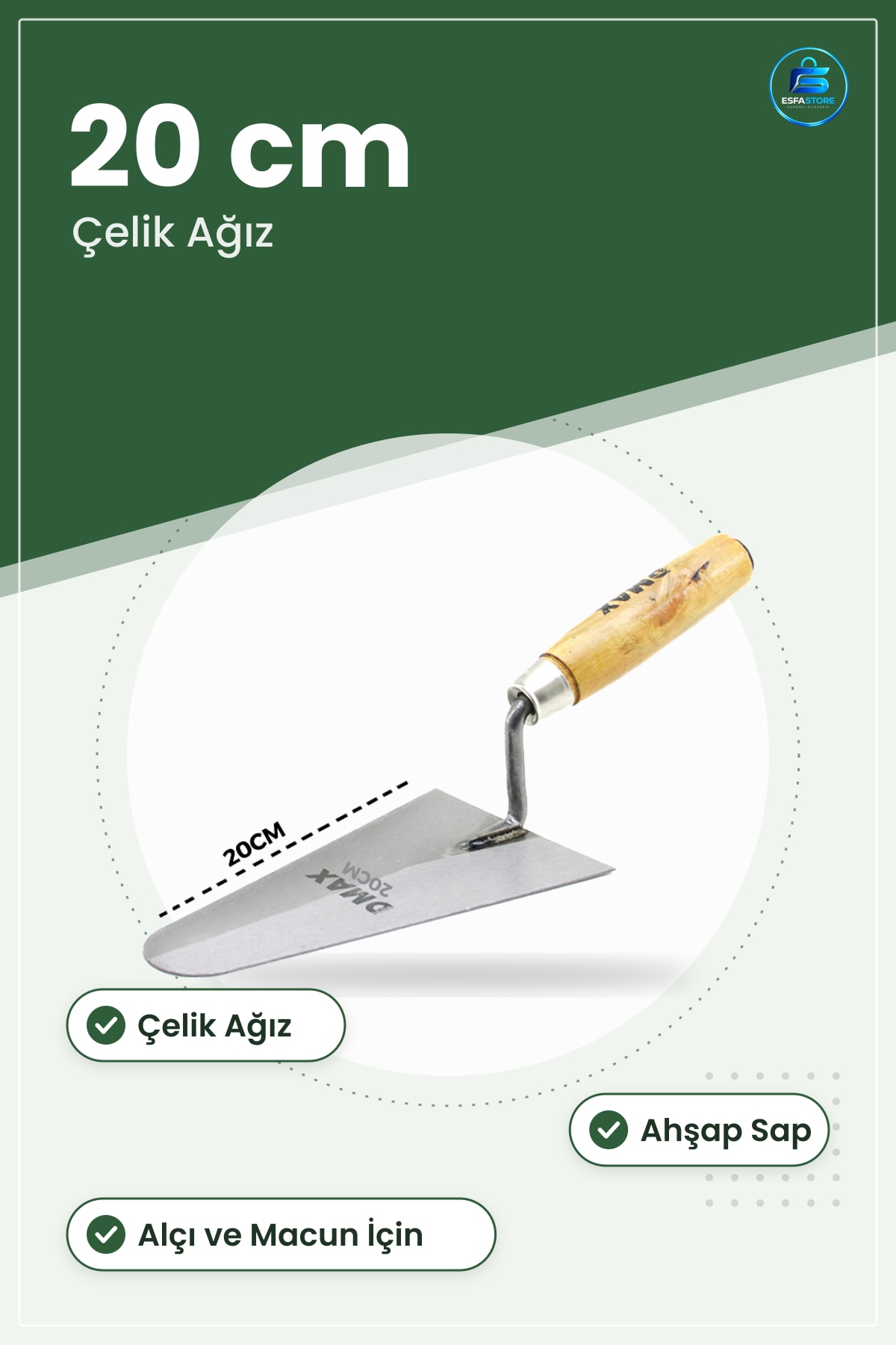 Mala 20 cm Ahşap Saplı Çelik Sıva Alçı Macun ve Harç Uygulamaları İçin Yüzey Düzeltme