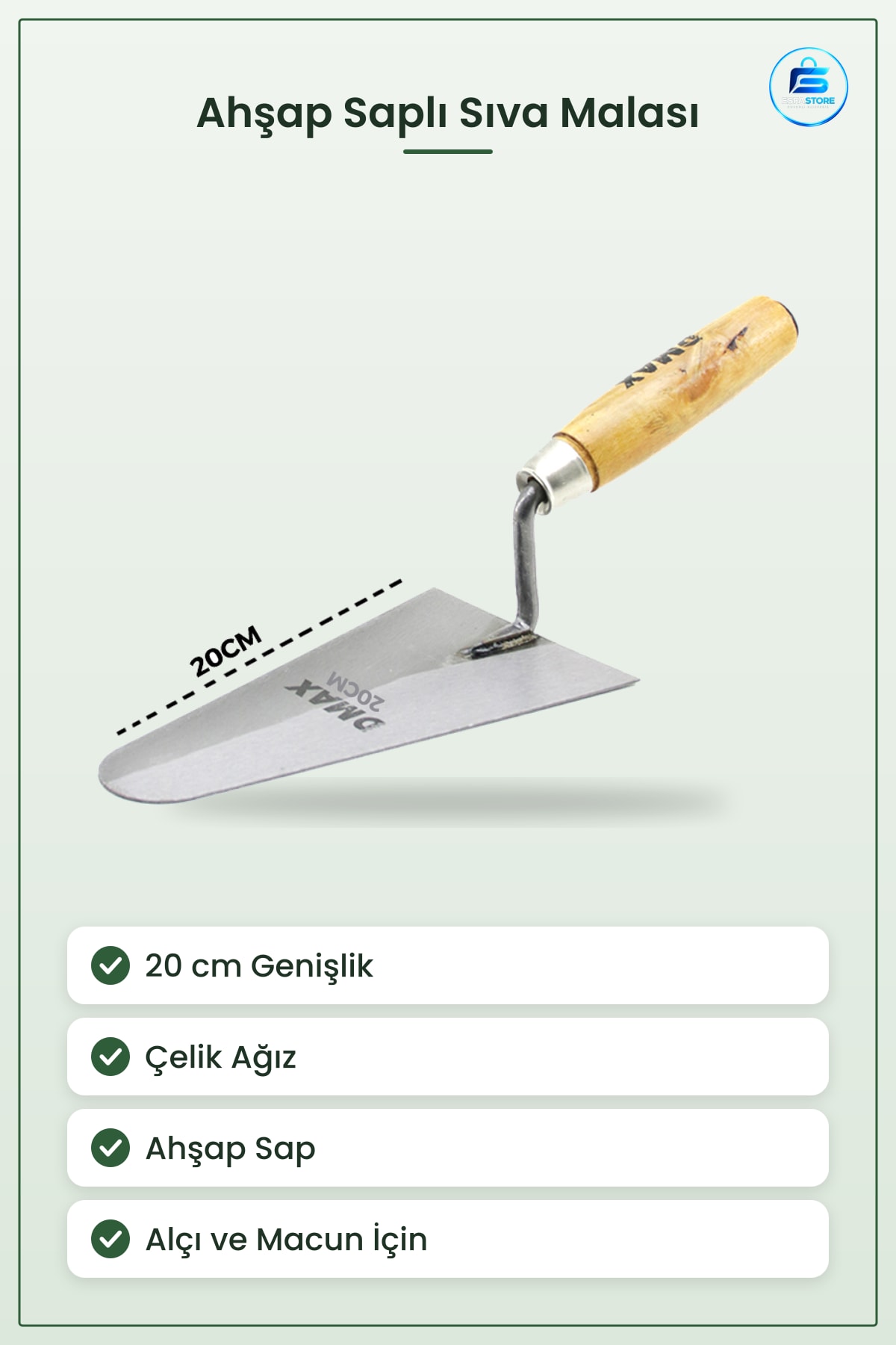 Mala 20 cm Ahşap Saplı Çelik Sıva Alçı Macun ve Harç Uygulamaları İçin Yüzey Düzeltme
