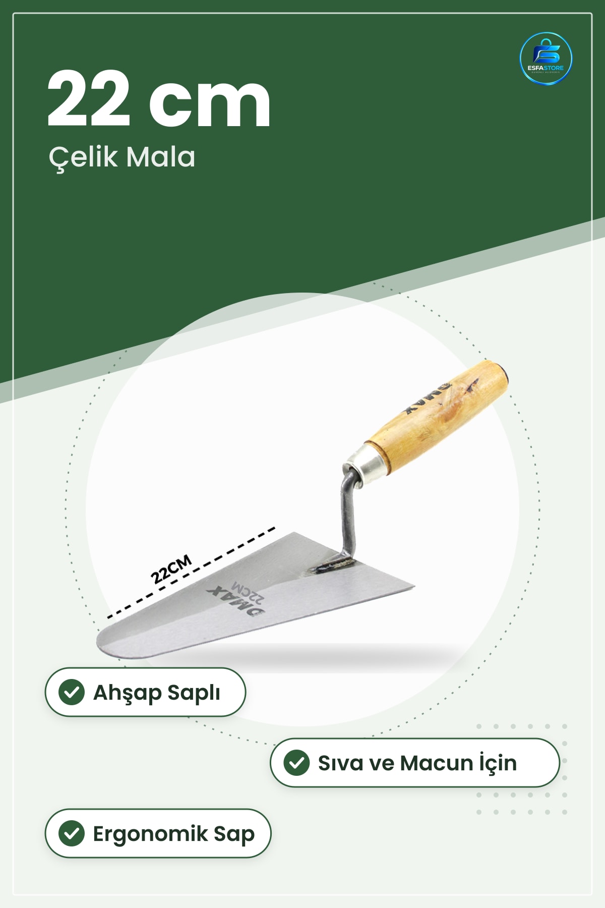 Çelik Sıva Mala 22 cm Ahşap Saplı Sert Yüzey Harç Macun Dolgu Düzeltme Aletleri Kullanışlı