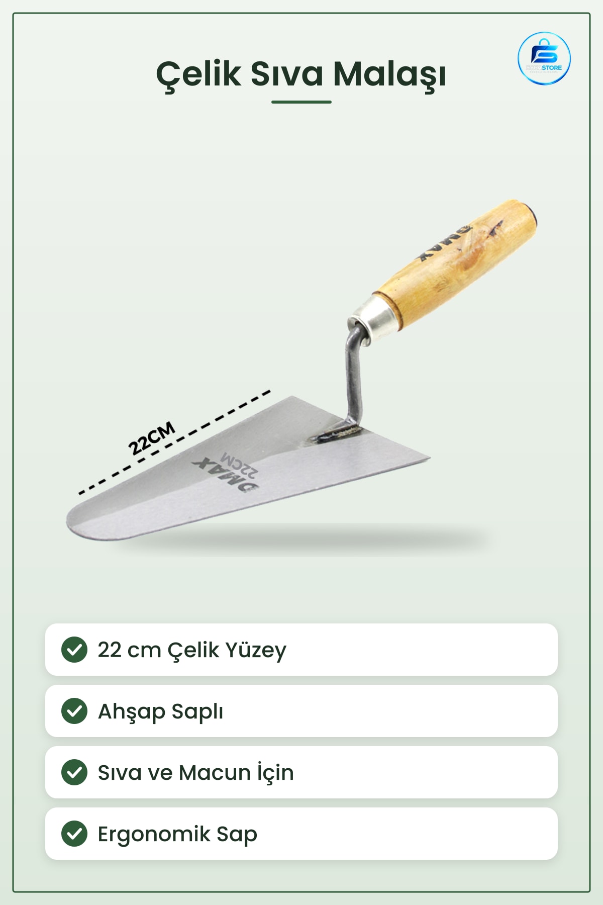 Çelik Sıva Mala 22 cm Ahşap Saplı Sert Yüzey Harç Macun Dolgu Düzeltme Aletleri Kullanışlı