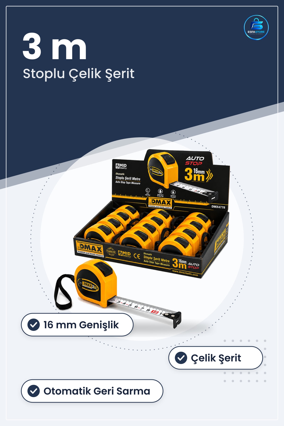 Şerit Metre 3 m x 16 mm Çelik Otomatik Stoplu Ölçüm Aleti Kompakt Manuel Sarı Dış Kasa