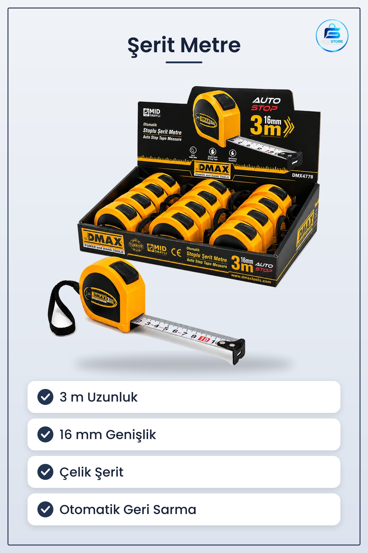 Şerit Metre 3 m x 16 mm Çelik Otomatik Stoplu Ölçüm Aleti Kompakt Manuel Sarı Dış Kasa