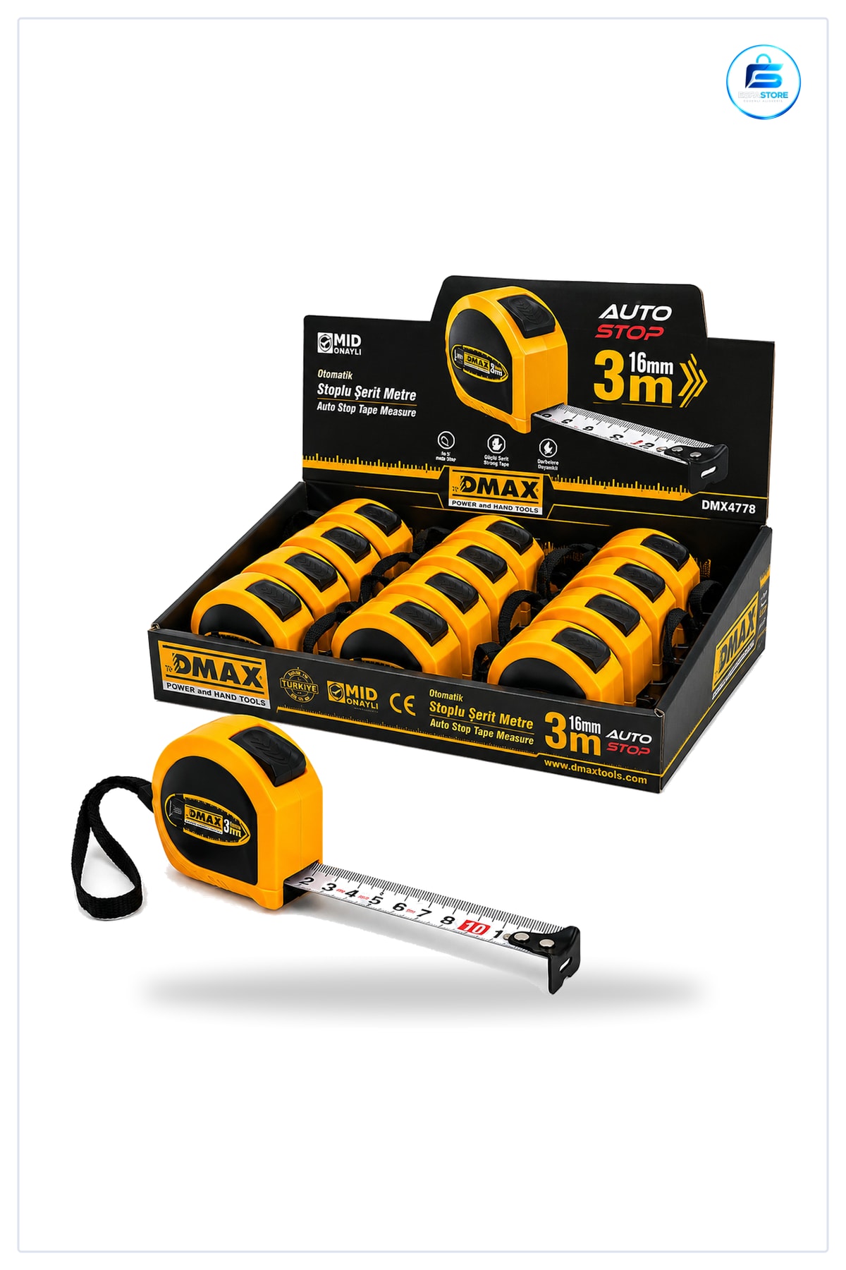 Şerit Metre 3 m x 16 mm Çelik Otomatik Stoplu Ölçüm Aleti Kompakt Manuel Sarı Dış Kasa