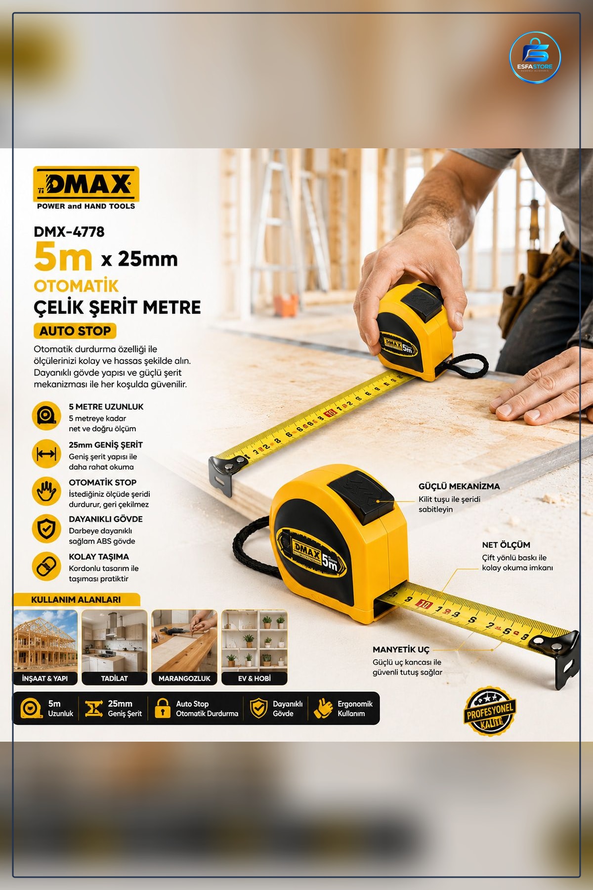 Şerit Metre 5m x 25mm Otomatik Çelik Stoplu Ölçüm Aleti Kompakt Manuel Sarı Dış Kasa