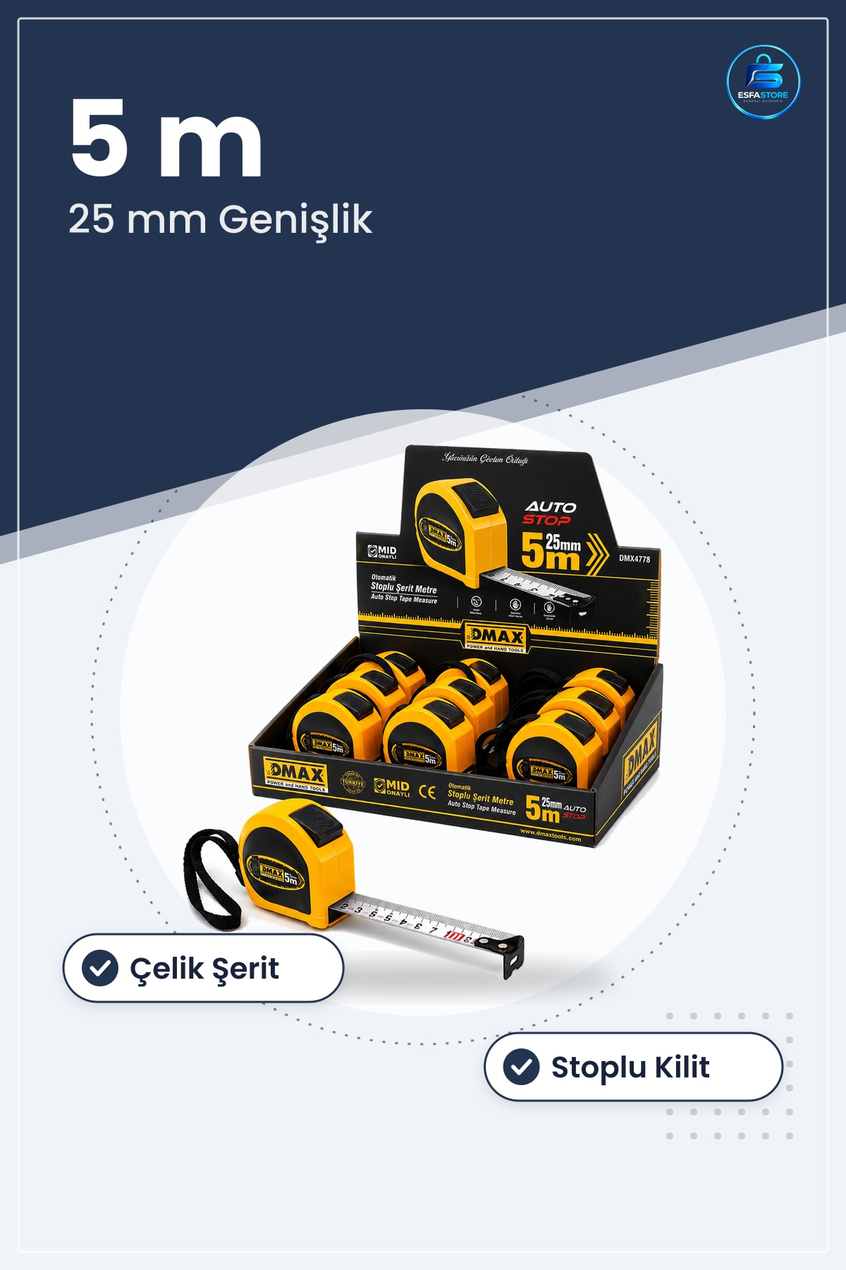 Şerit Metre 5m x 25mm Otomatik Çelik Stoplu Ölçüm Aleti Kompakt Manuel Sarı Dış Kasa