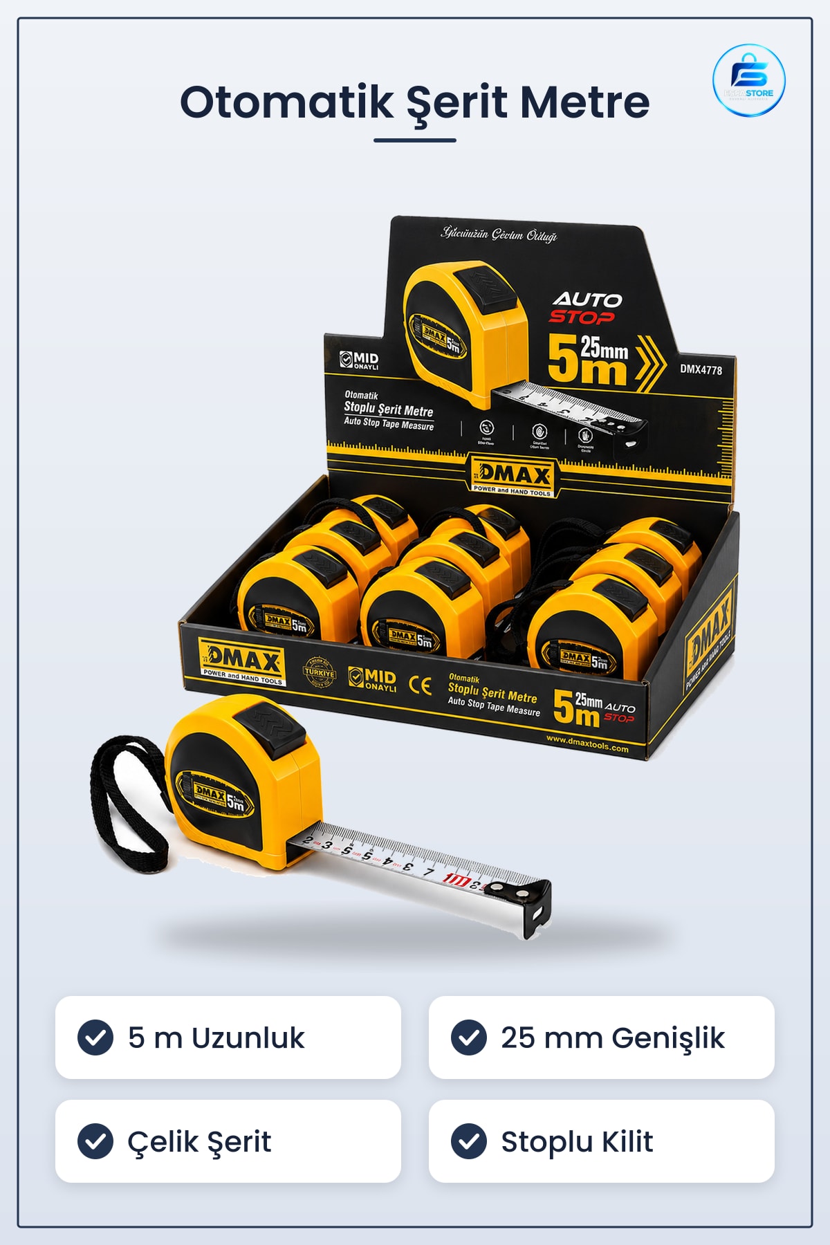 Şerit Metre 5m x 25mm Otomatik Çelik Stoplu Ölçüm Aleti Kompakt Manuel Sarı Dış Kasa