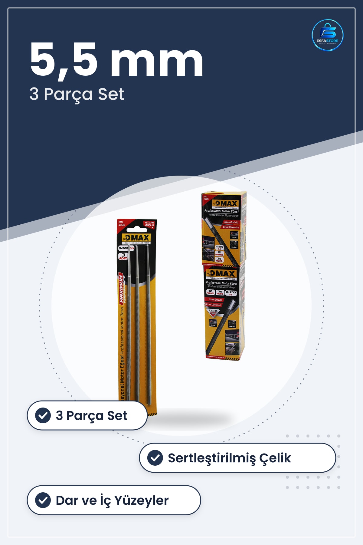 Yuvarlak Eğe Seti 5.5 mm 3 Parça Motor Eğesi Sertleştirilmiş Çelik Metal Alüminyum Ahşap