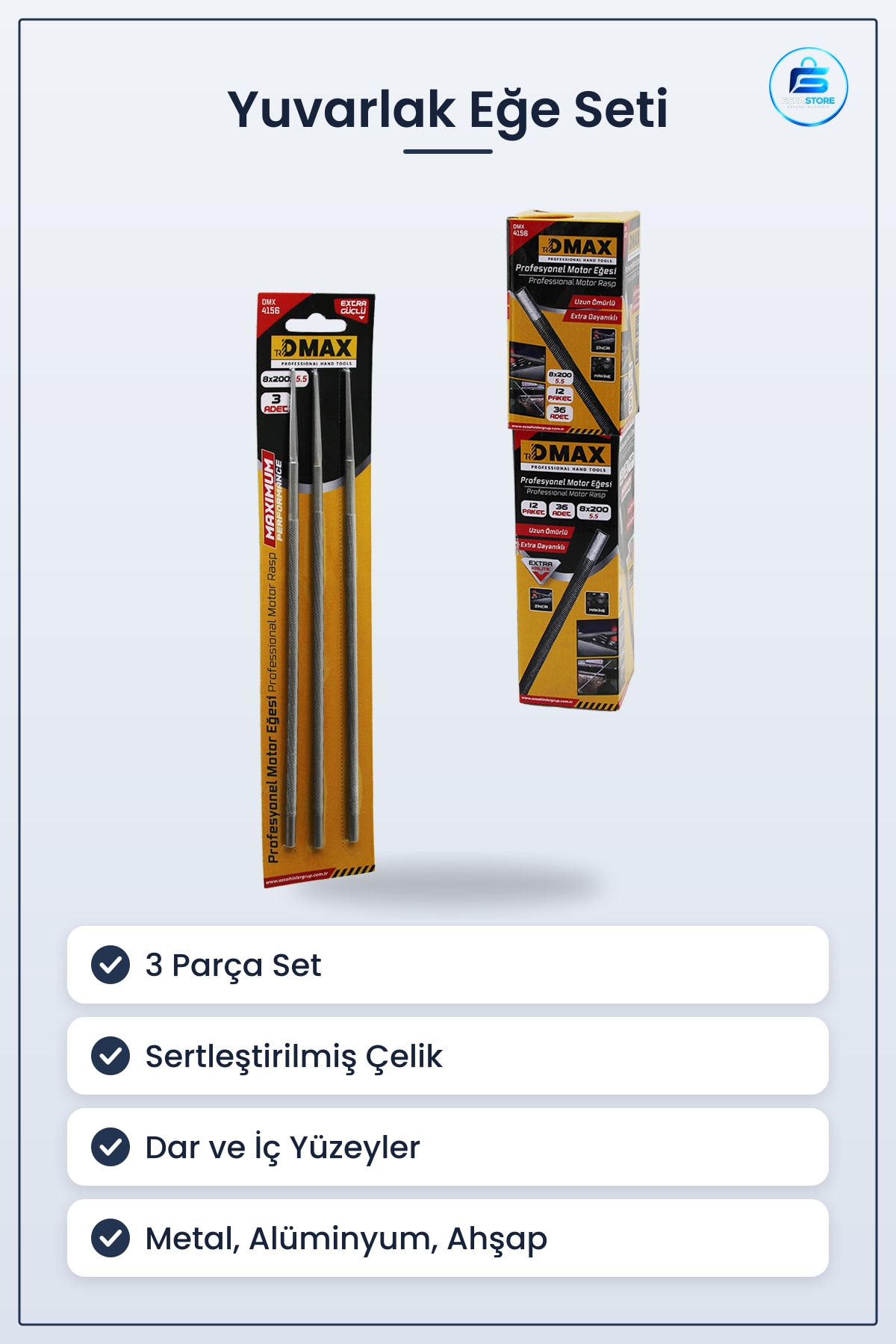 Yuvarlak Eğe Seti 5.5 mm 3 Parça Motor Eğesi Sertleştirilmiş Çelik Metal Alüminyum Ahşap