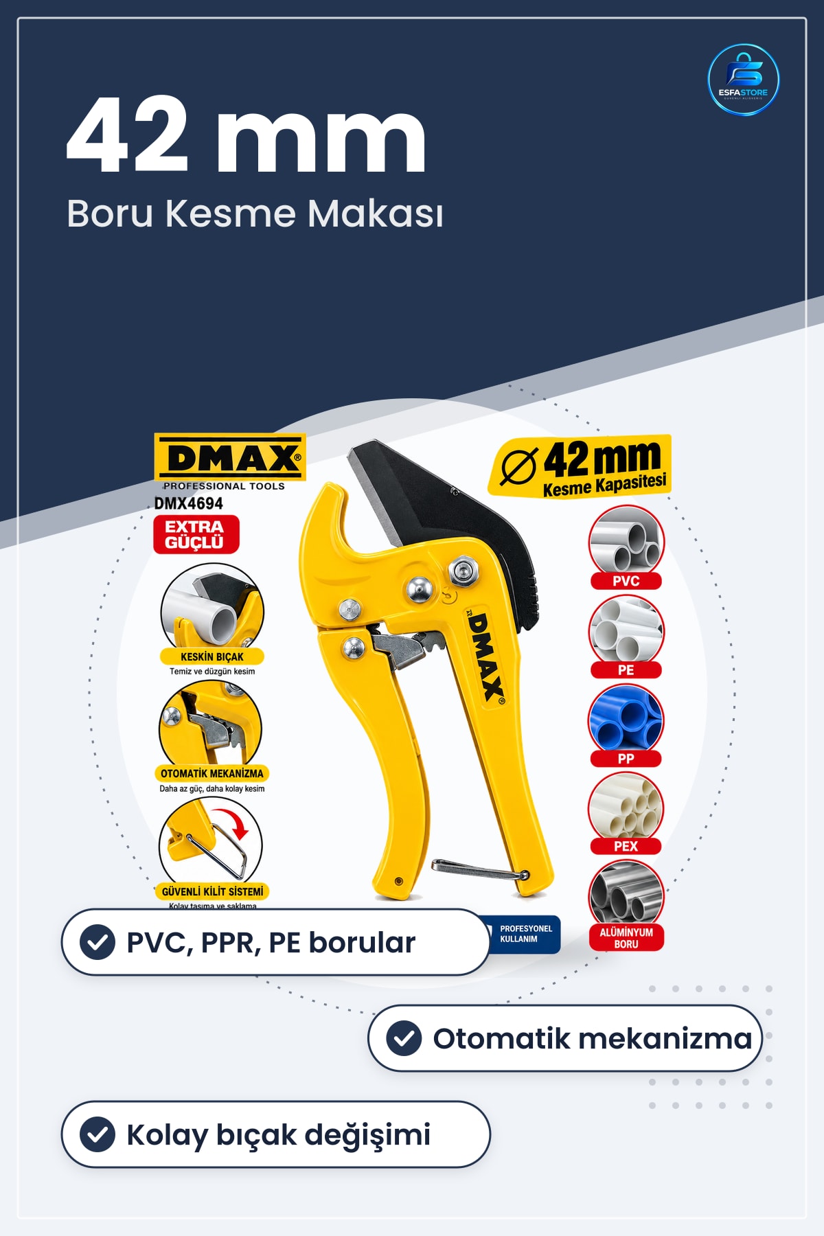 Kesici Makas 42 mm Profesyonel Otomatik Plastik Boru Kesme Aleti PVC PPR PE Tesisat Tamir