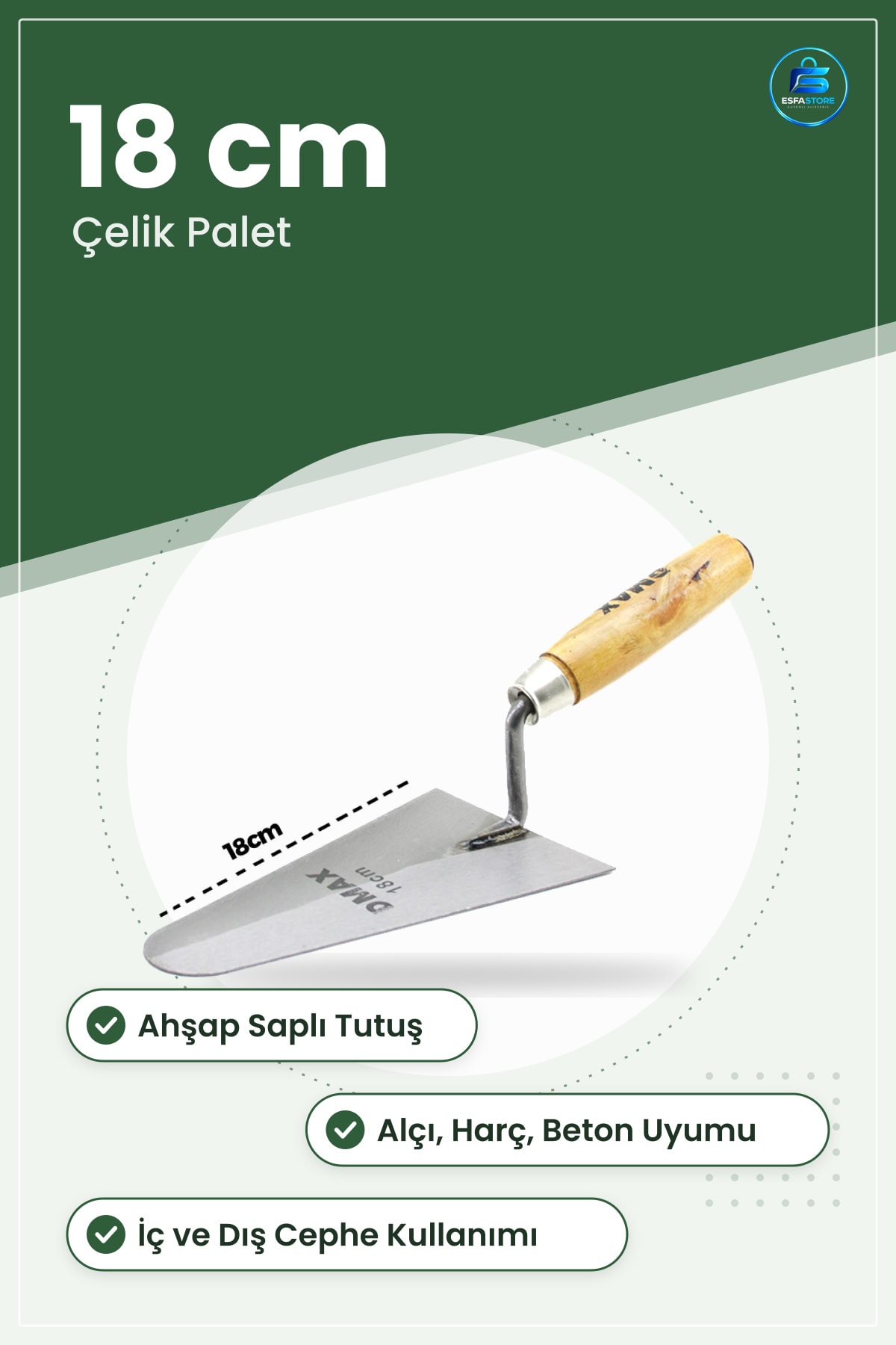 Çelik Sıva Malası 18 cm Ahşap Saplı Plastik Alçı Harç Beton Düzleştirme Yüzey Düzeltme Aracı