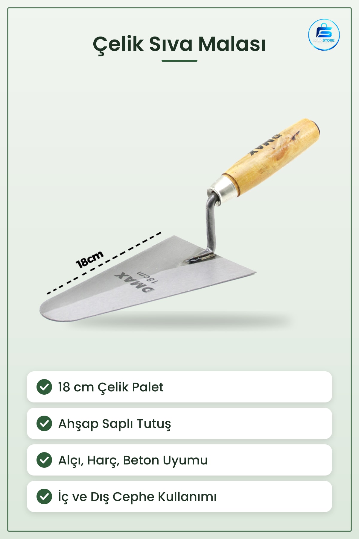 Çelik Sıva Malası 18 cm Ahşap Saplı Plastik Alçı Harç Beton Düzleştirme Yüzey Düzeltme Aracı