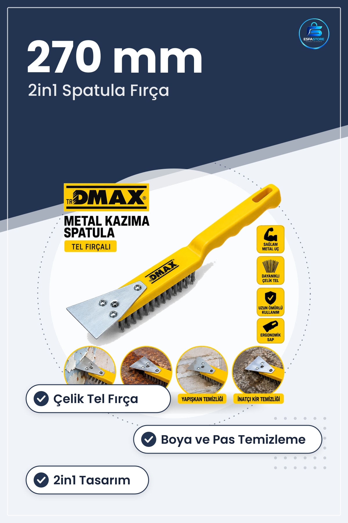 Metal Kazıma Spatula 270 mm Çelik Tel Fırça 2in1 Boya Sökme Pas Temizleme Yüzey Hazırlama Aleti