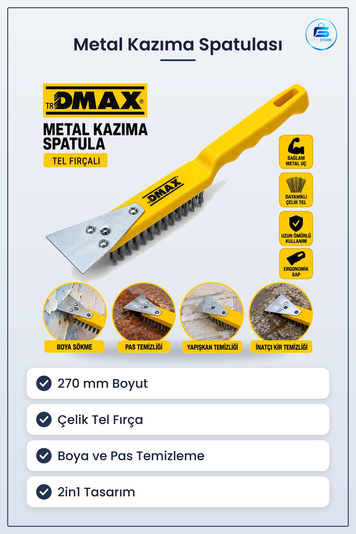 Metal Kazıma Spatula 270 mm Çelik Tel Fırça 2in1 Boya Sökme Pas Temizleme Yüzey Hazırlama Aleti