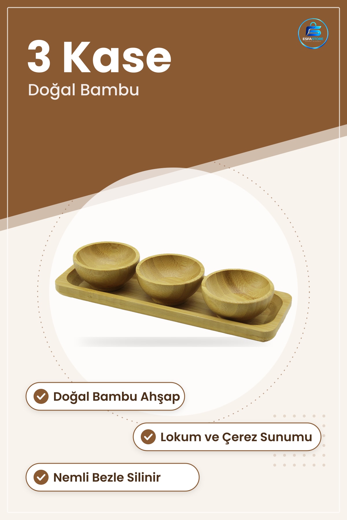 Bambu Lokumluk Çerezlik 3 Bölmeli Sunum Tepsisi Ahşap Atıştırmalık Kase Seti Servis Mutfak Misafir